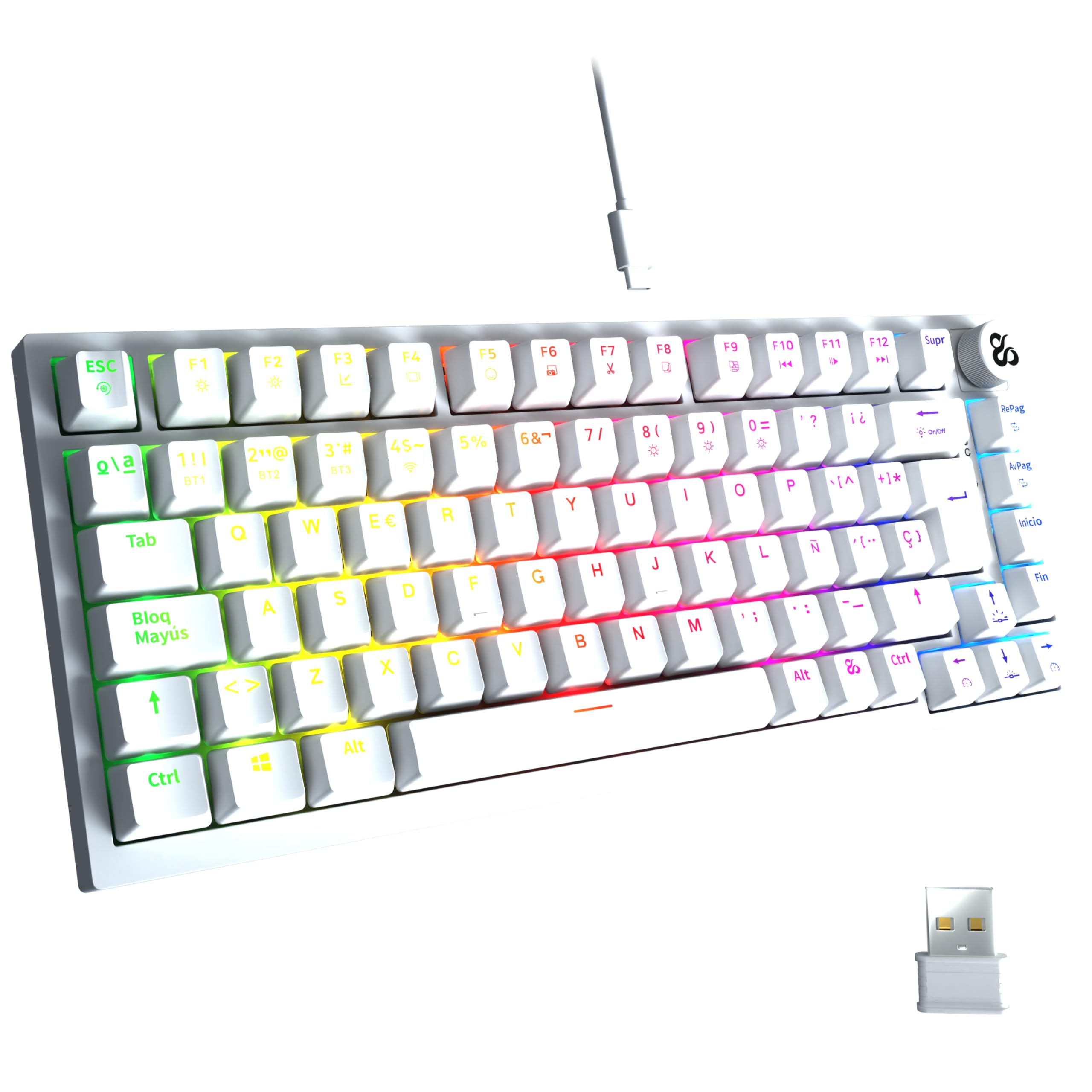NEWSKILL Pyros Pro Teclado Gaming 75% RGB inalámbrico/Bluetooth/Cable Outemu Red Hotswap - Color Blanco