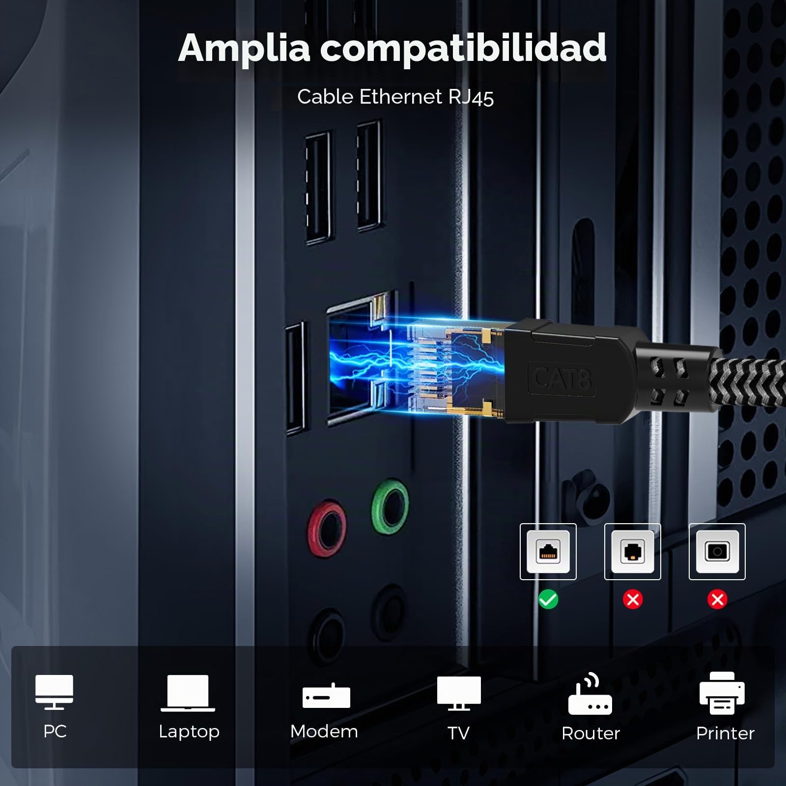 Cable Ethernet Cat 8 5 Metros, Cable de Red Cat 8, Cable Internet RJ45, Cable LAN Alta Velocidad 40Gbps 2000MHz, Ethernet Cable Trenzado Compatible Cat 7 Router Modem WIFI