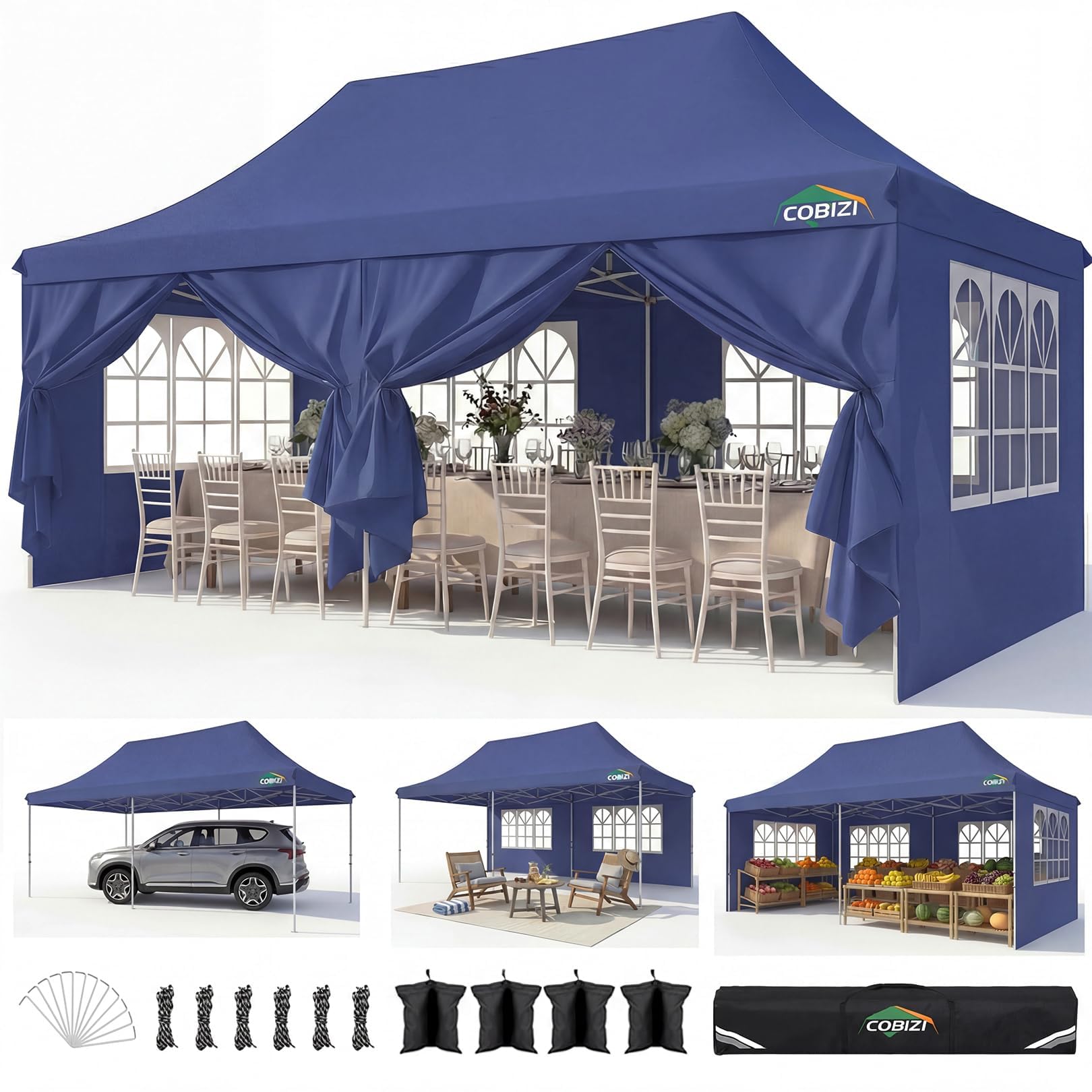 COBIZI 10x20 Pop up Canopy Tent for Parties, Carry Bag,6 Walls,4 Sandbags