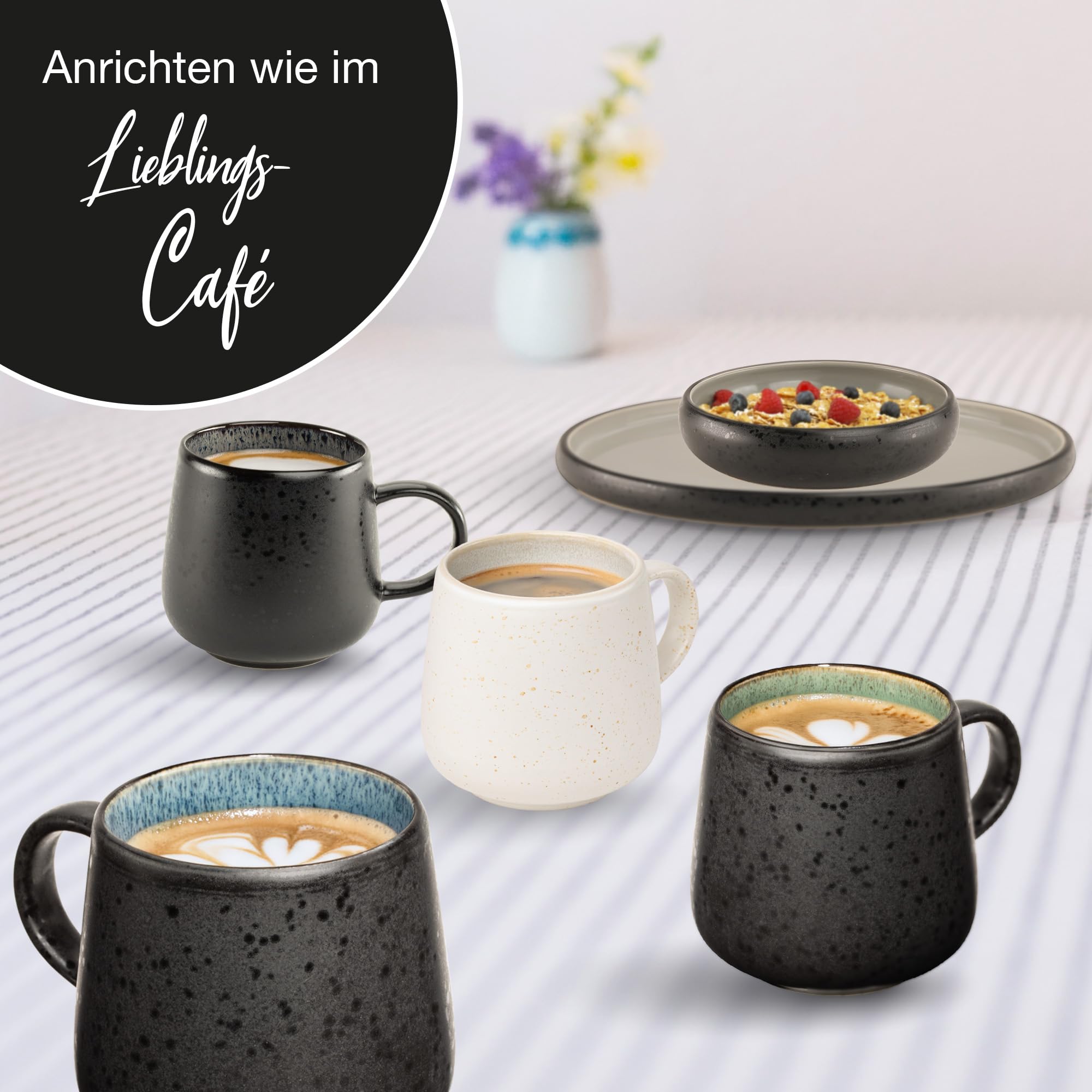 Moritz & Moritz SOLID 4er Tassen Set Bunt - Kaffeebecher Set Außen Schwarz - Robustes Steinzeug - Spülmaschinen- & mikrowellenfest - Perfekt für Kaffee, Tee & mehr