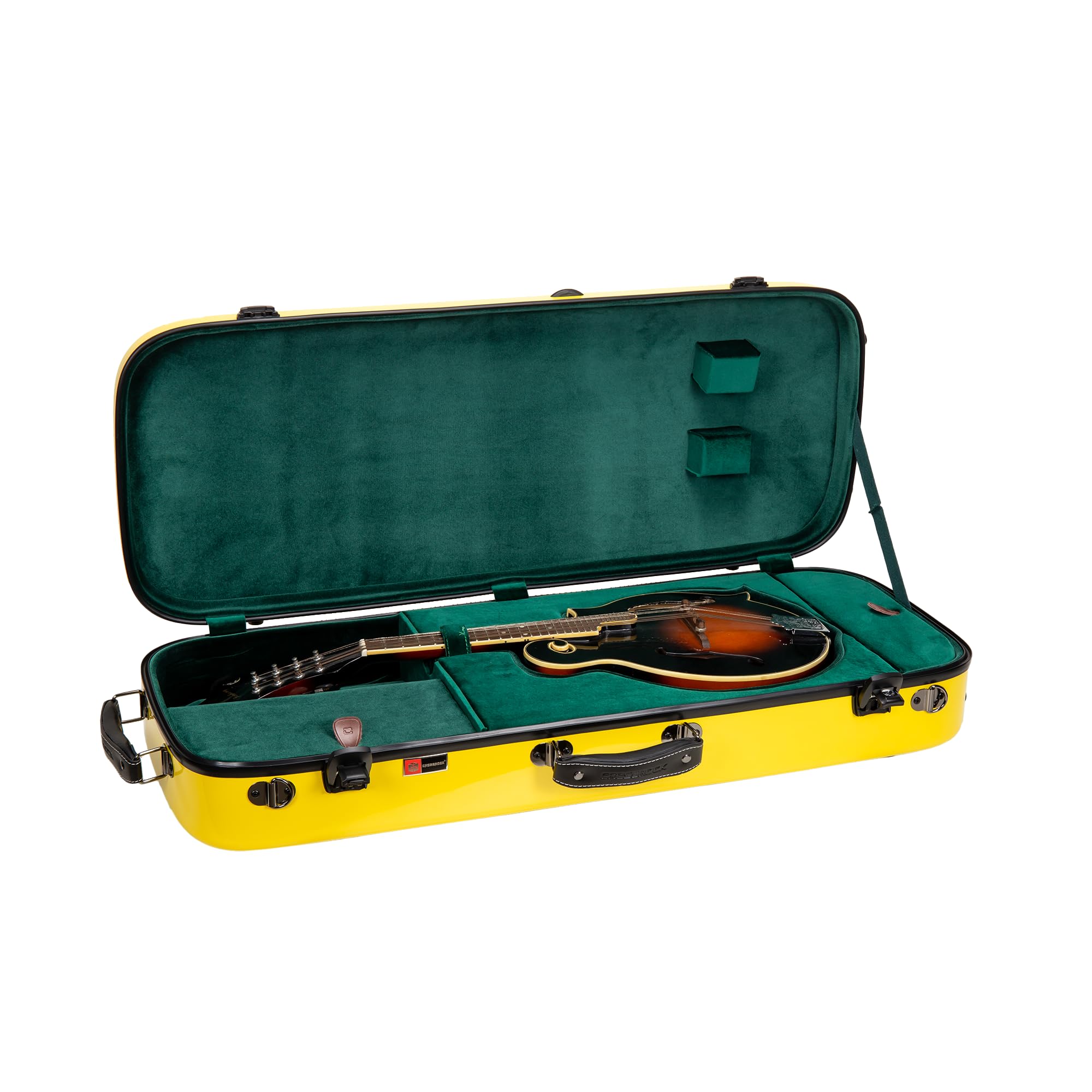 Crossrock Fiberglass Mandolin Case – Oblong for A &amp; F-Style (Universal Fit) | Yellow Gloss, Forest Green Velvet, TSA Lock, Hygrometer, Backpack Straps – Pro Travel Series