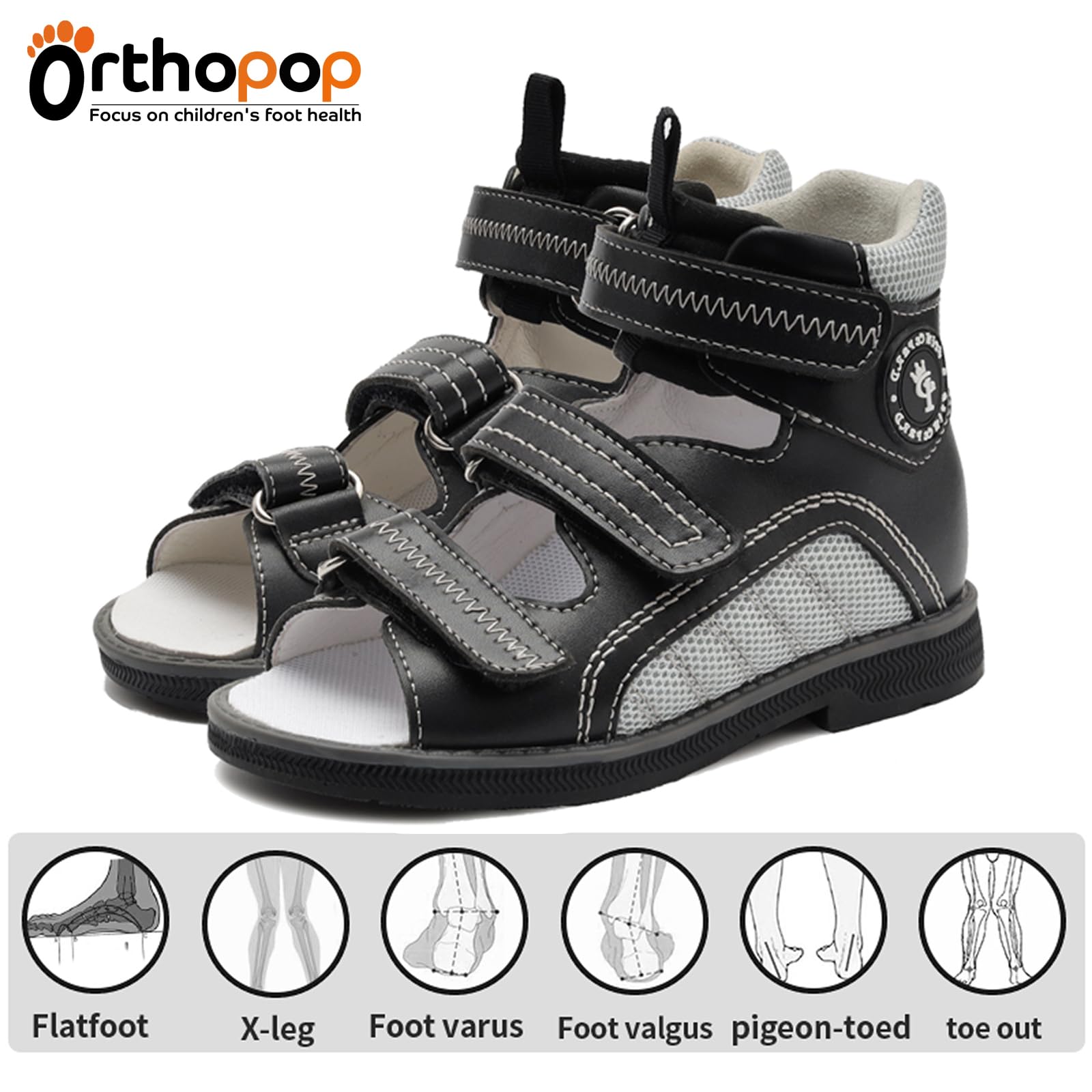 Sandalias ortopédicas para niños pequeños con soporte para arco y tobillo, zapatos negros con respaldo alto para niños