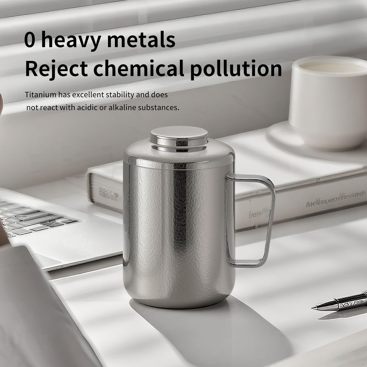 Pure Titanium Coffee Mug,With Handle and Sliding Lid,Pure TitaniumTravel Tumbler Cup with Handle,Double Wall Vacuum Insulated Camping Cup for Hot & Cold Drinks Tea,12 oz,Office Travel Cup. - Image 2