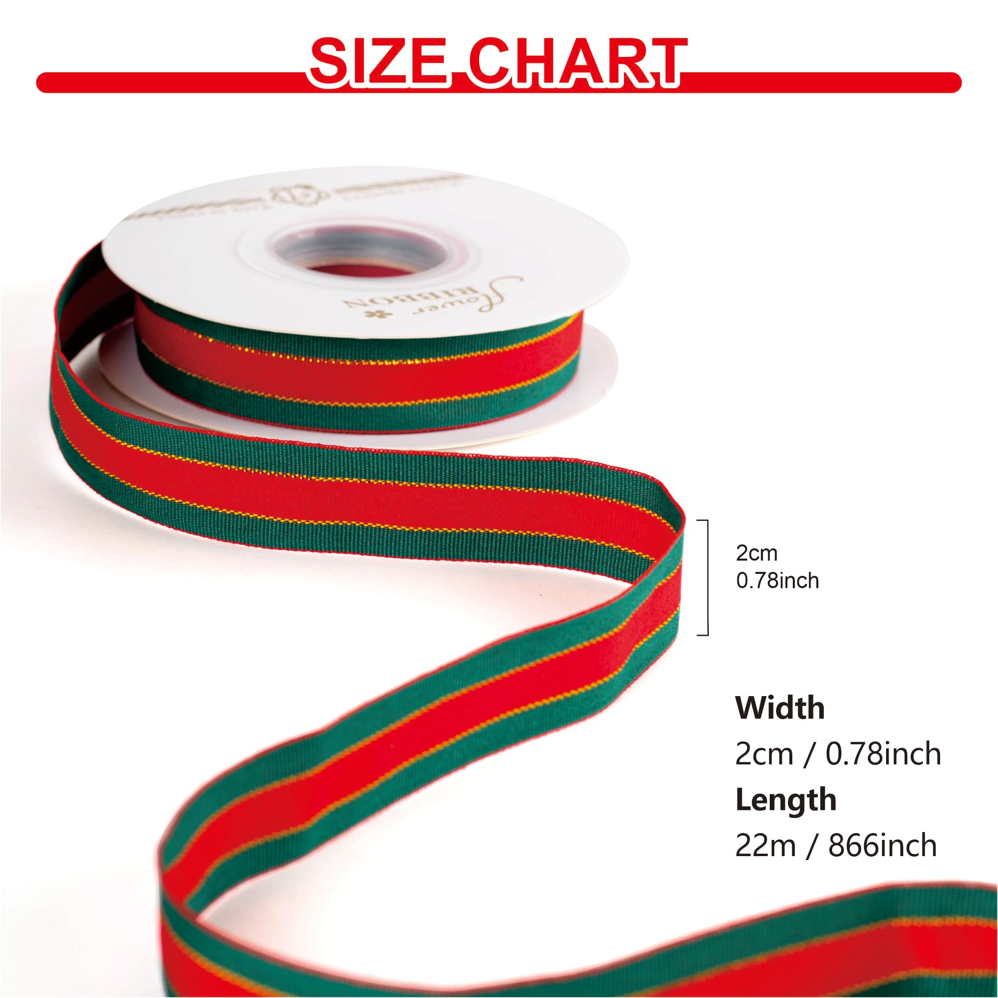 20mm Red Green Christmas Ribbon for Gift Wrapping - 22m Satin Fabric Ribbon for Present Wrapping, Xmas Bows, Cakes, Gift Bags & Crafts - Image 2