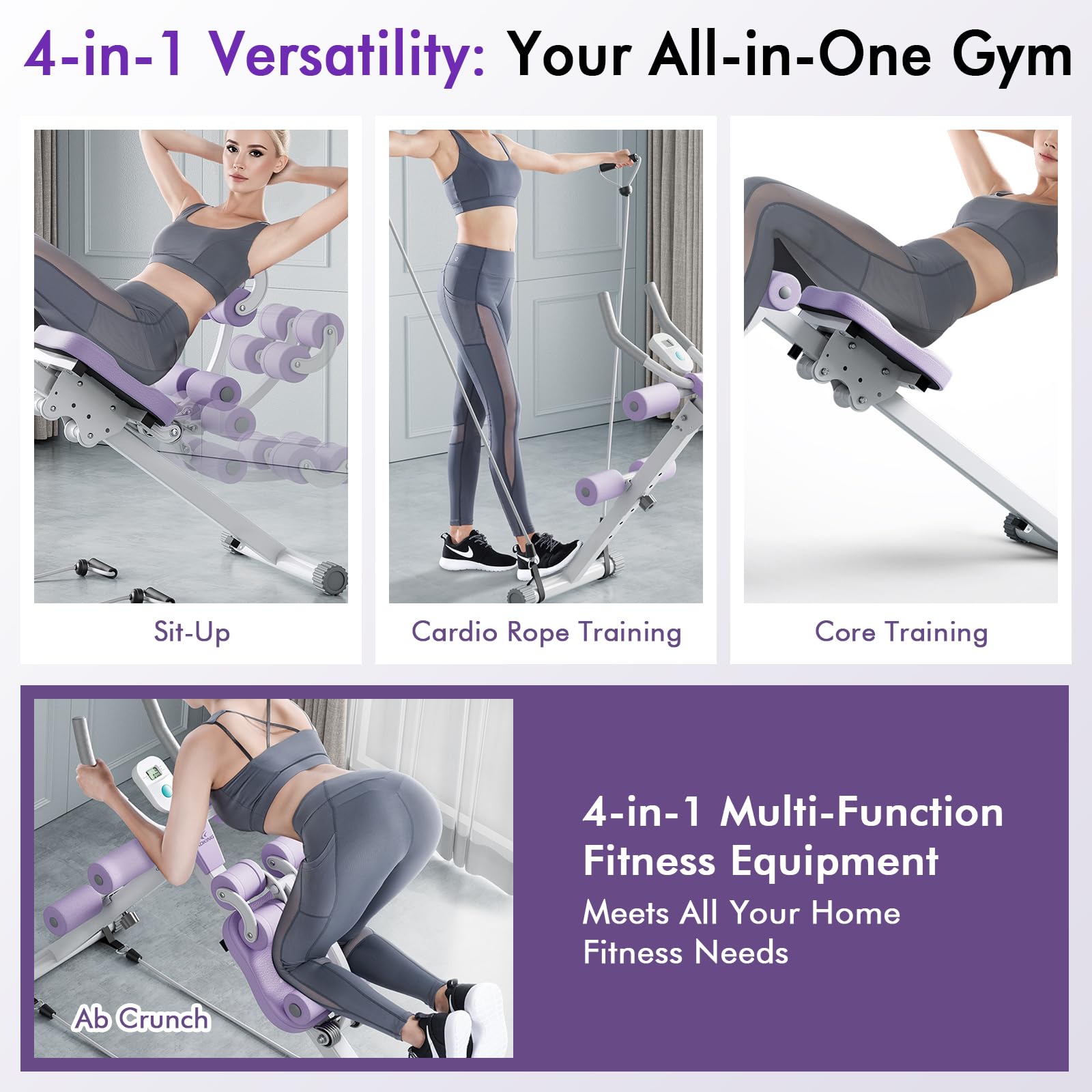 4-in-1 Bauchtrainer für Zuhause, Verstellbare Bauchmuskeltrainer, Faltbare Bauchmuskeln Trainingsgerät (Belastbarkeit 150 kg), Bauch Beine Po Trainer, Sit Up Hilfe mit Rückenrolle