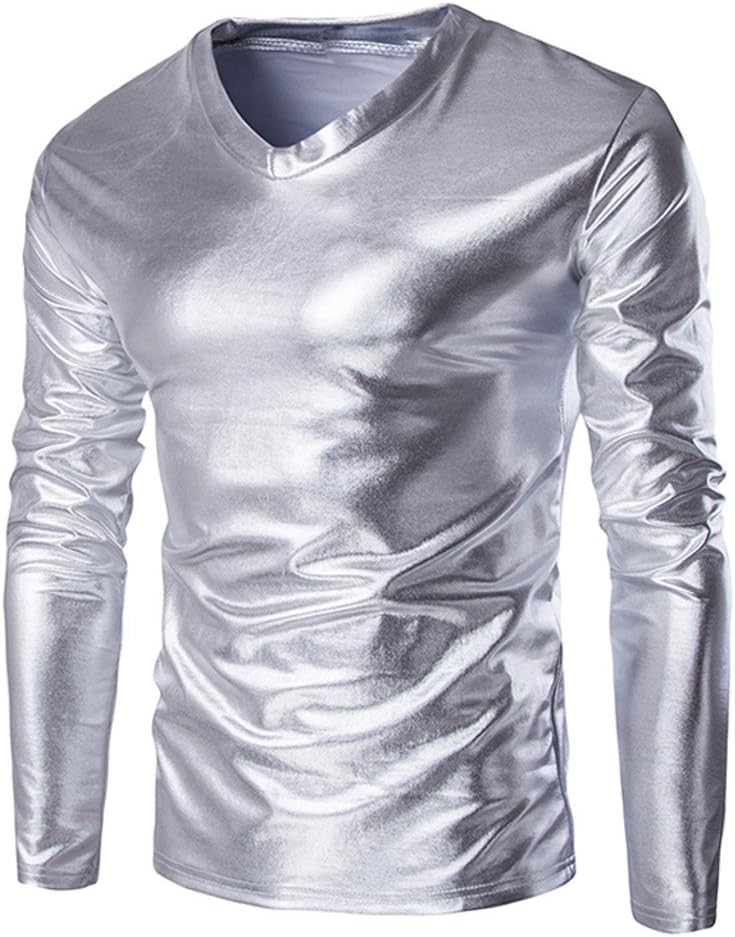 VOWUA Mens Shirts Tunic Tops Metallic Shiny Wet Look T-Shirt Patent Leather Hip Hop Nightclub Party Blouse