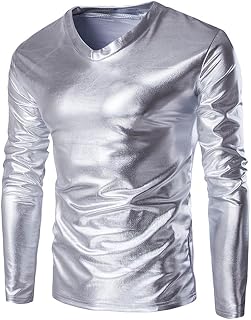 Camiseta de manga larga para hombre con purpurina, corte ajustado, aspecto lacado, ropa de baile, cuello redondo, camiseta reflectante, camiseta de verano a la moda, manga larga, aspecto hipop,