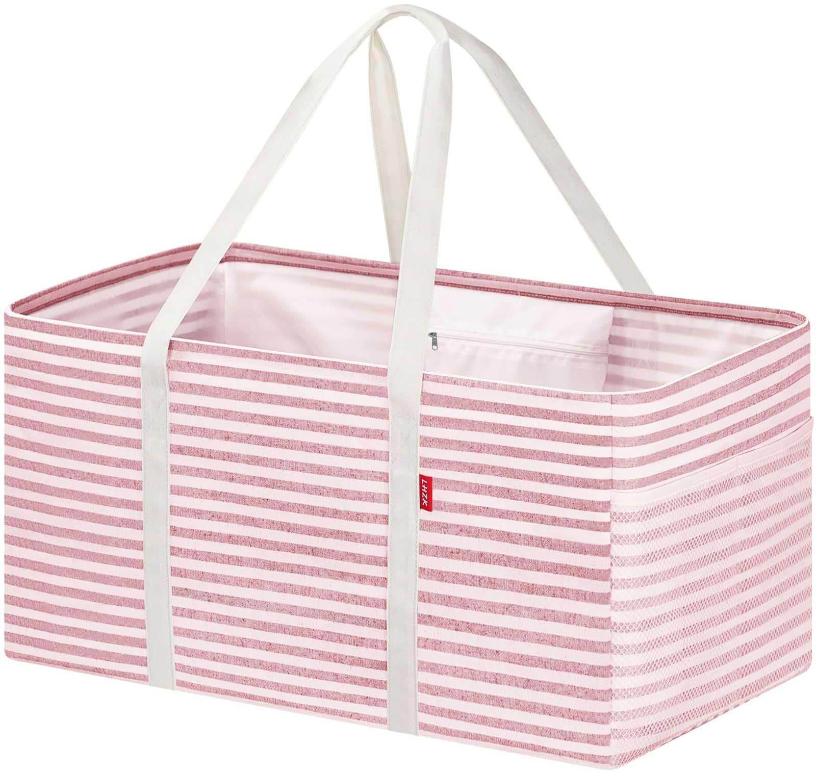 LHZK Standing Extra Large Utility Tote Bag with Metal Wire Frame and the Sides Rinforced, Extra Large Tote Bag with Handle, Reusable Grocery Bags Foldable, Beach Bag, Car Tote (Pink, 26''x15''x13'')