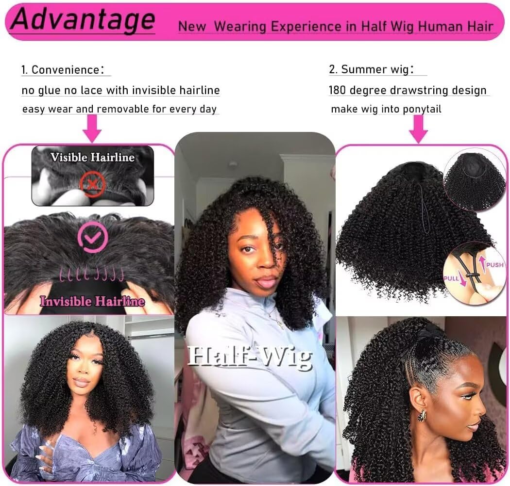 Parrucca Donna Capelli Veri Umani Kinky Curly Half Wig Human Hair Wear Go Glueless Wigs Curly 3 In 1 Half Wigs Drawstring Seamless Flip Headband Wig Beginner Friendly Parrucca Riccia Donna 14 Inch