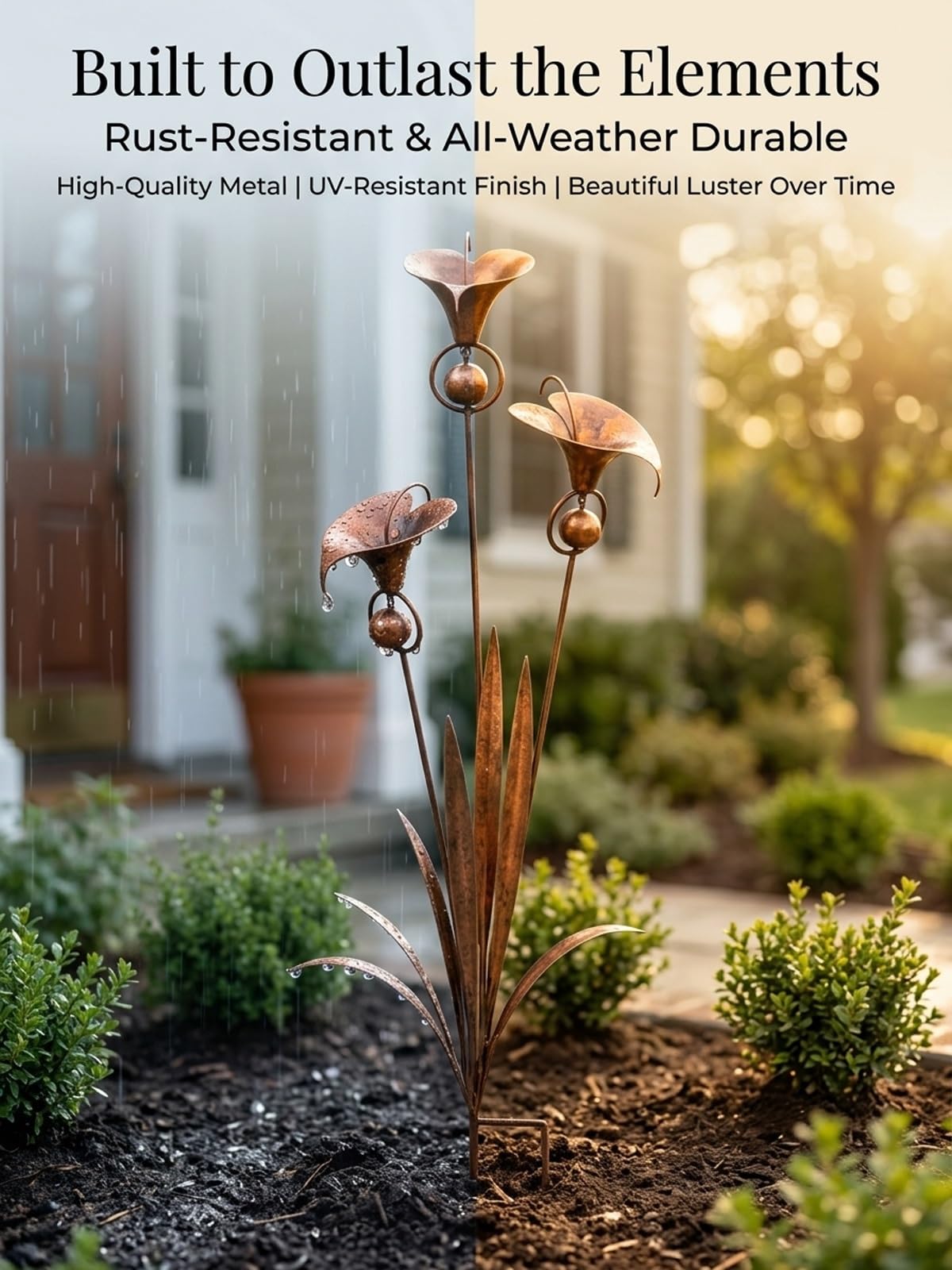Calla-Lilien-Gartenstecker aus Metall, handgefertigt, 61 cm, groß, geflammt, Kupfer, Blumenskulptur mit beruhigenden Glocken, skurrile Outdoor-Hofkunst, rustikales Windspiel, Ornament, Geschenk (2