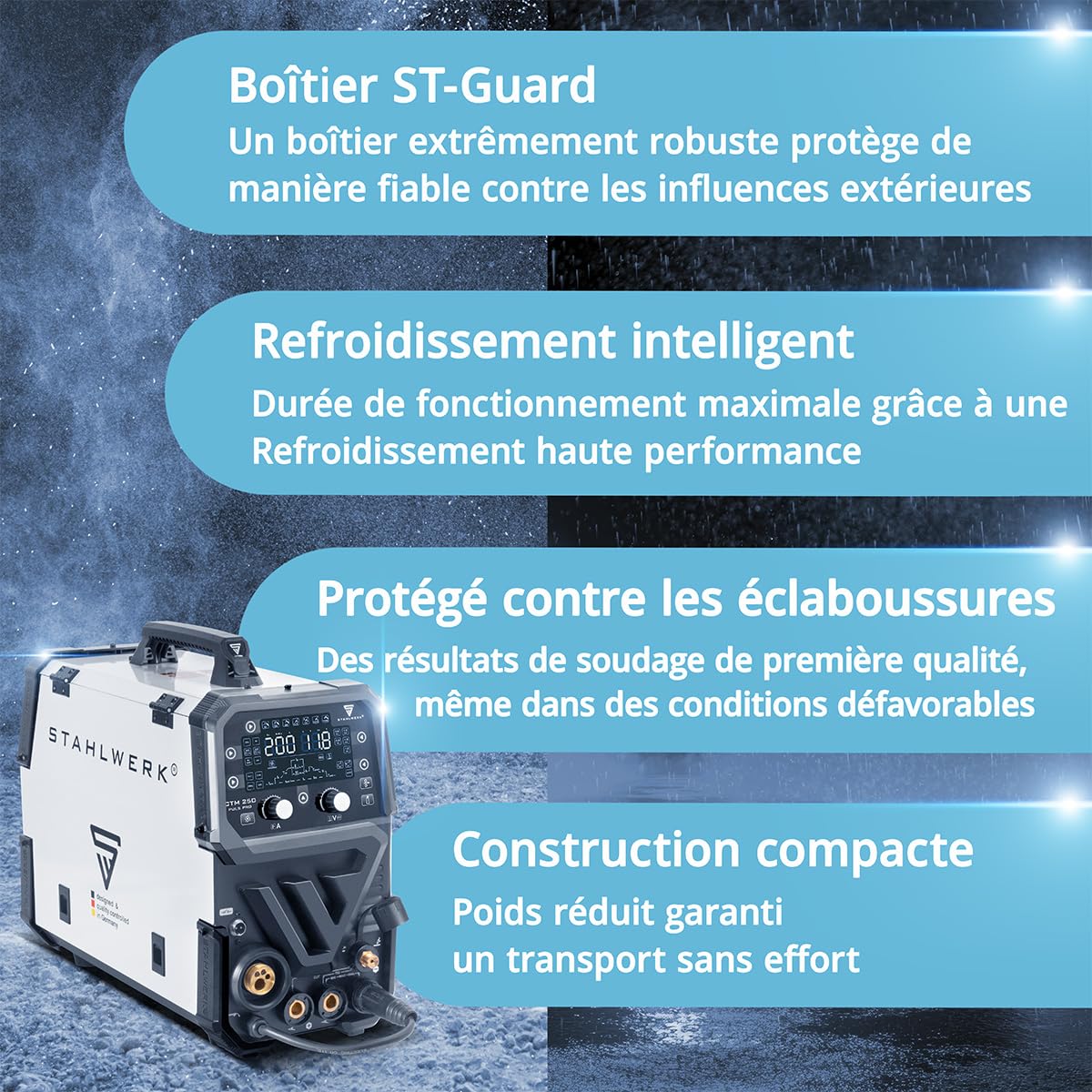 STAHLWERK Poste à souder combiné 6-en-1 CTM-250 Puls Pro – Kit complet – TIG, MIG/MAG, MMA (électrode) & FLUX jusqu'à 200 A, découpeur plasma (CUT) jusqu'à 45 A, dévidage synergique, fonction Pulse