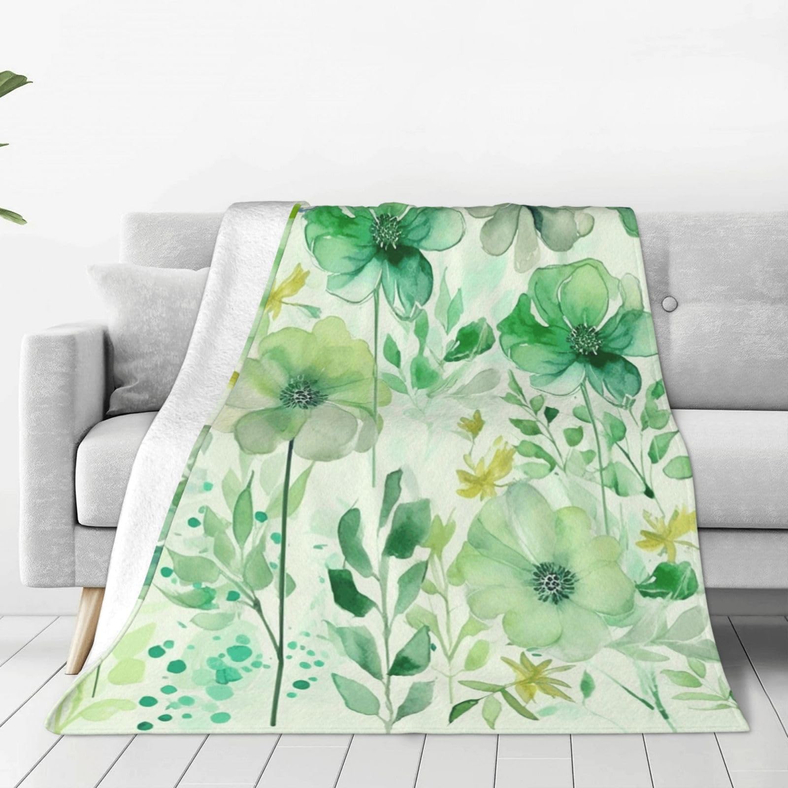 Watercolor Green Flowers Throw Blanket for Couch, Plush Fuzzy Soft Flannel Blankets and Throws for Sofa, 80"x60" Bed Blankets for Travel Camping Chair, All Season Warm Fleece Blanket