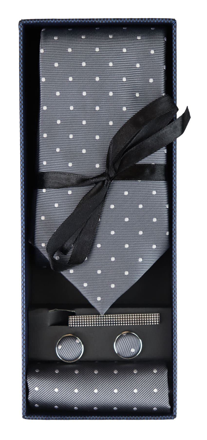 Set Regalo Raso a Pois con Cravatta Gemelli Fazzoletto Fermacravatta - argento Taglia unica