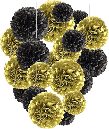Capesaro Pompones de papel dorado y negro, 10 pulgadas, 12 pulgadas, decoración para colgar en fiestas, juego de 12 piezas