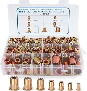Rivet Nuts Kit, AETTL 413pcs SAE UNC Rivet Nuts Assortment, Zinc Plated Finish, Carbon Steel Flat Head Rivet Nut Kit with Case 6#-32,8#-32,10#-24,1/4-20, 5/16-18, 3/8-16, 1/2-13