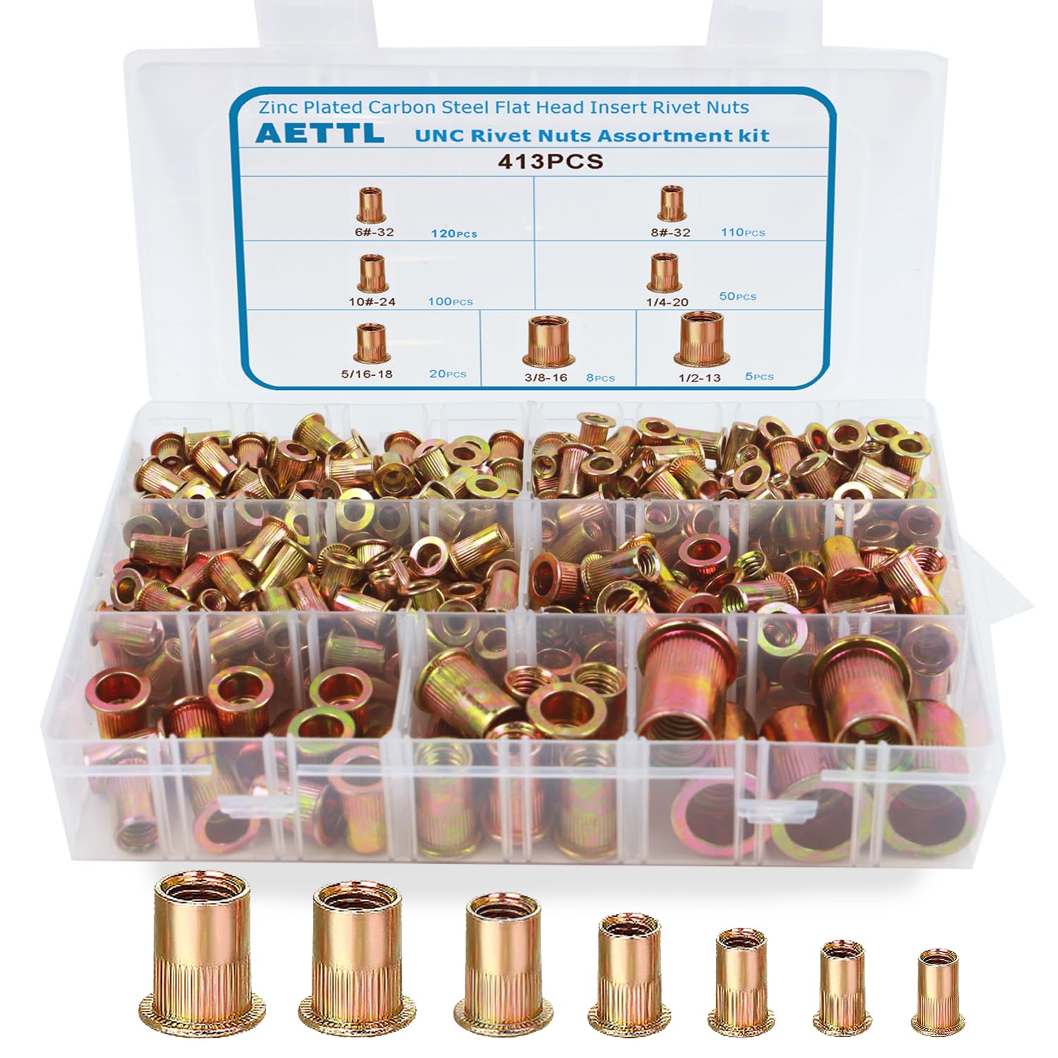 Rivet Nuts Kit, AETTL 413pcs SAE UNC Rivet Nuts Assortment, Zinc Plated Finish, Carbon Steel Flat Head Rivet Nut Kit with Case 6#-32,8#-32,10#-24,1/4-