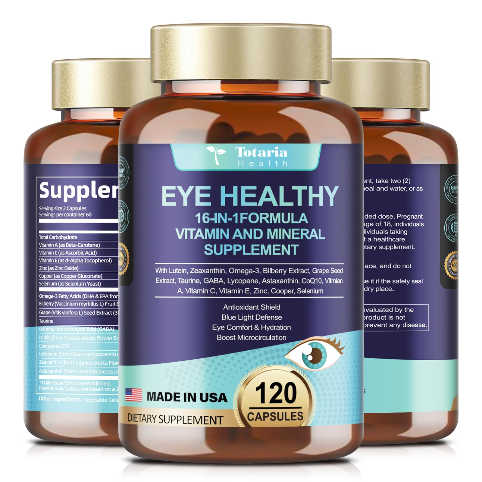 AREDS 2 Eye Vitamins and Mineral Bilberry Extract Omega-3, Eye Vitamin for Seniors Macular Health and Dry Eye, Eye Vitamins Lutein and Zeaxanthin Support Eye Strain & Hydration (120 Capsules)