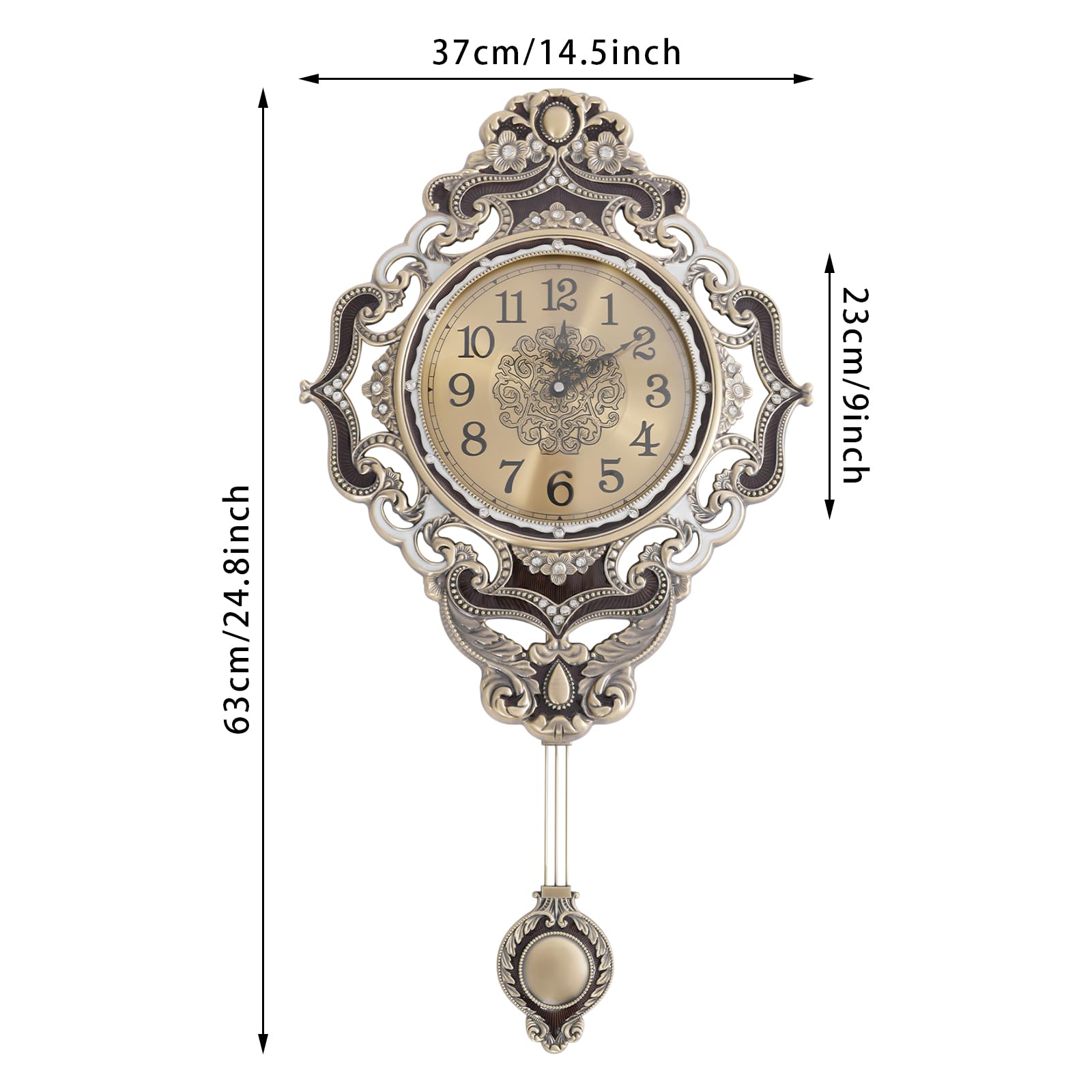 Reloj de Pared Dorado, Montado en la Pared Decorativo Estilo Retro Reloj de Pared Movimiento de Escaneo de Cuarzo Silencioso, para Salón y Oficina 37 x 63 cm