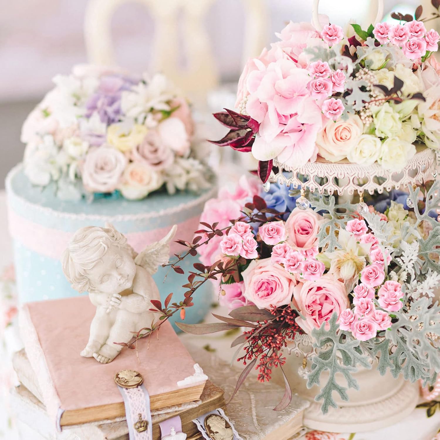 Yinsun 50pcs Pink Roses Artificial Flower Heads, 1.57” Small Silk Fake Flowers for DIY Wedding Bridal Shower Baby Shower Party Decoration - Image 6