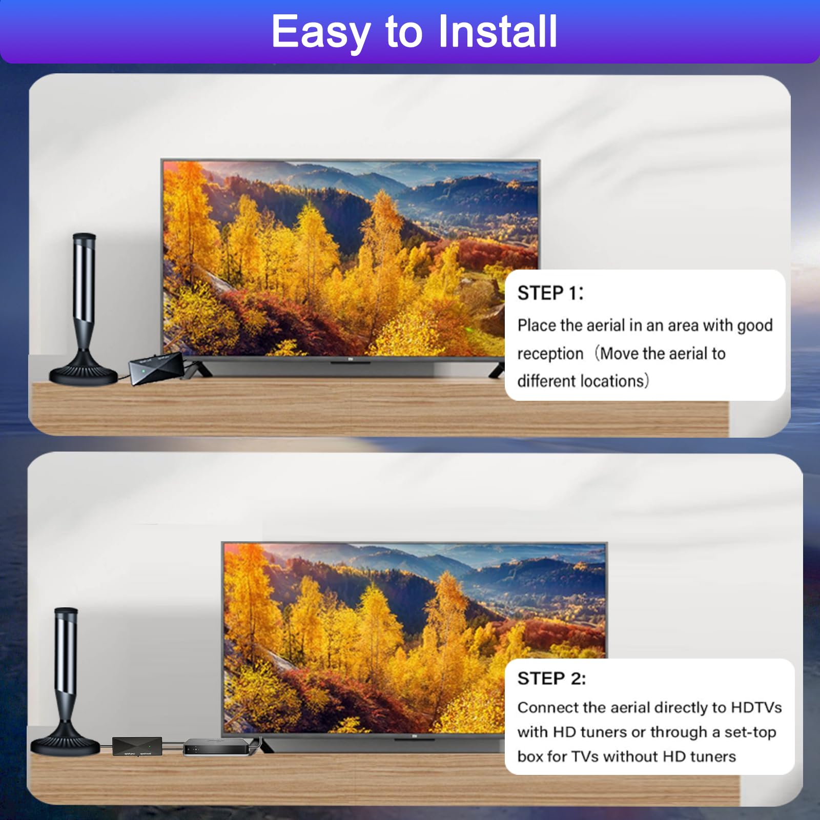 TV Aerial Indoor, Freeview Indoor Aerial for Smart Tv with Long Range, Tv Antenna Indoor with 360° Reception & Magnetic Base, Support VHF/UHF/DAB Radio/4K/1080P, Suit for All TVs(Black) — view 6