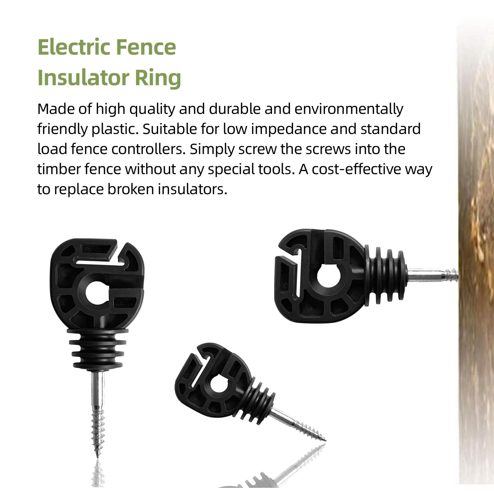 100 aisladores eléctricos multifunción para alambre/cinta/cuerda/cuerda de anillo atornillado, postes de madera y 1 herramienta de enchufe aislante gratuita (accesorios de sistema de rejilla para cría