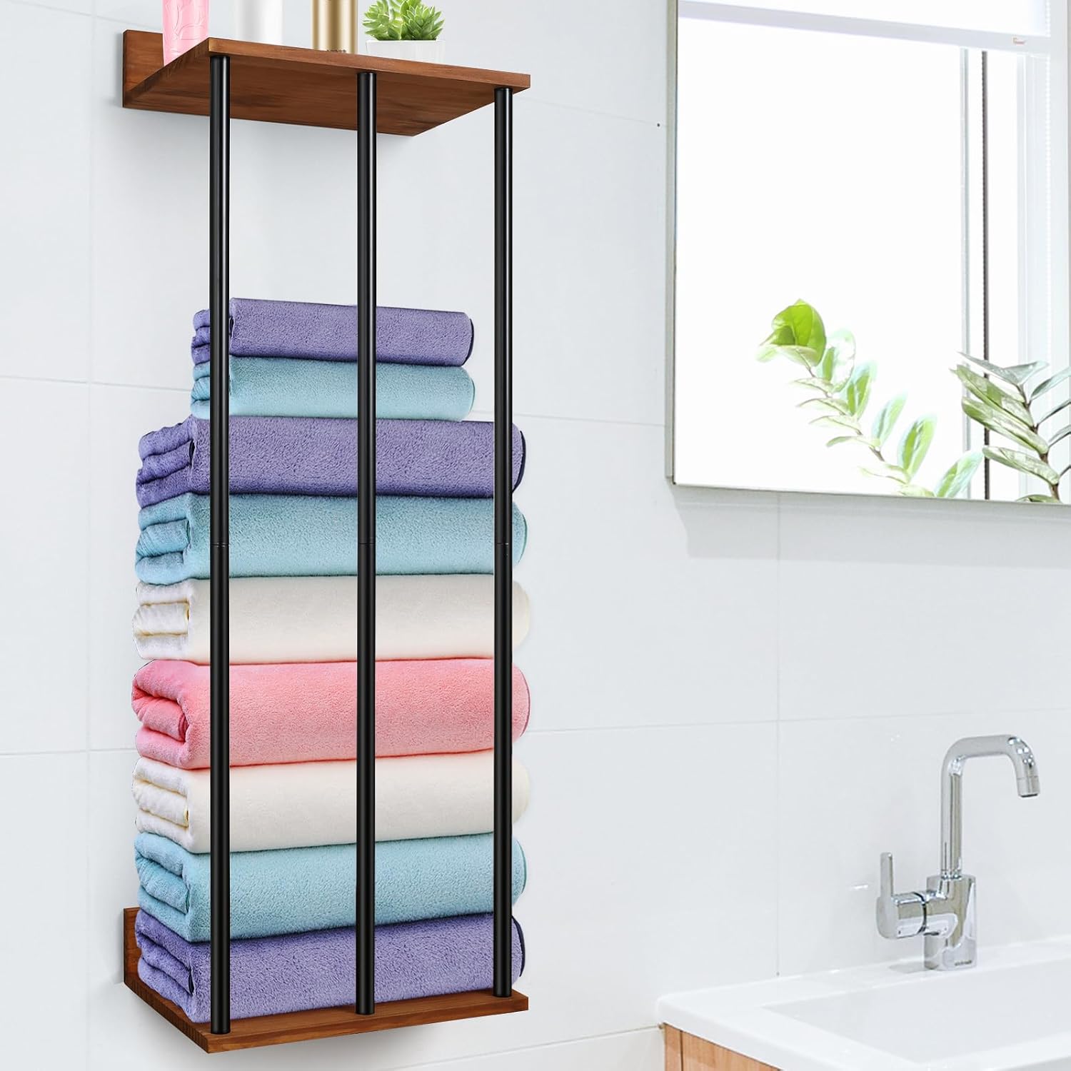 WeGXY Wall Mounted Towel Rack With Wooden Shelf - Metal Holder For Rolled Towels, Space Saving Bathroom Organizer - View #12