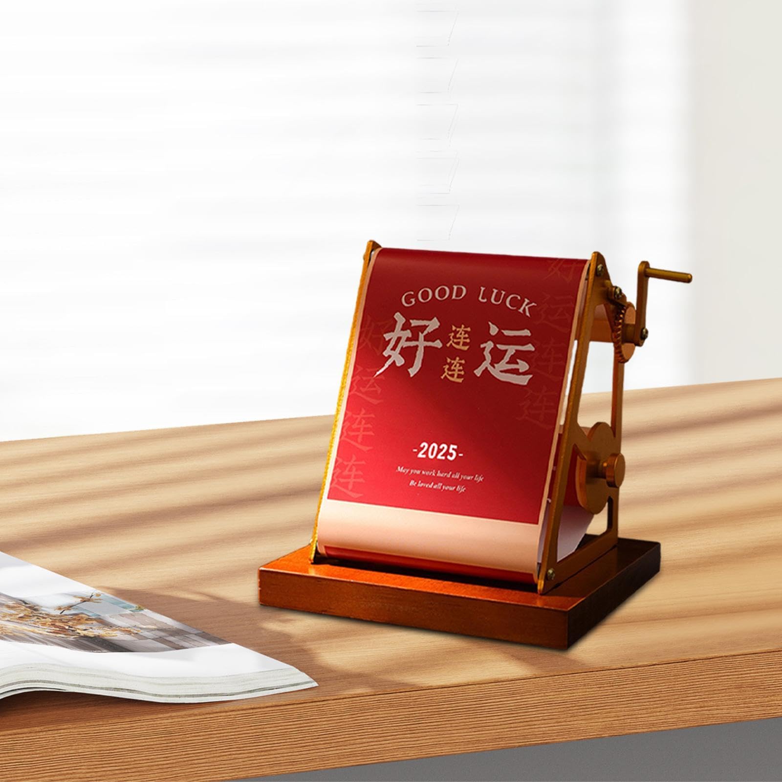 Gralara Tischkalender 2025, Wochenkalender, Chinesische Neujahrsdekorationen, Handgekurbelter Mechanischer Kalender, Ornamente für Neujahr, Rot