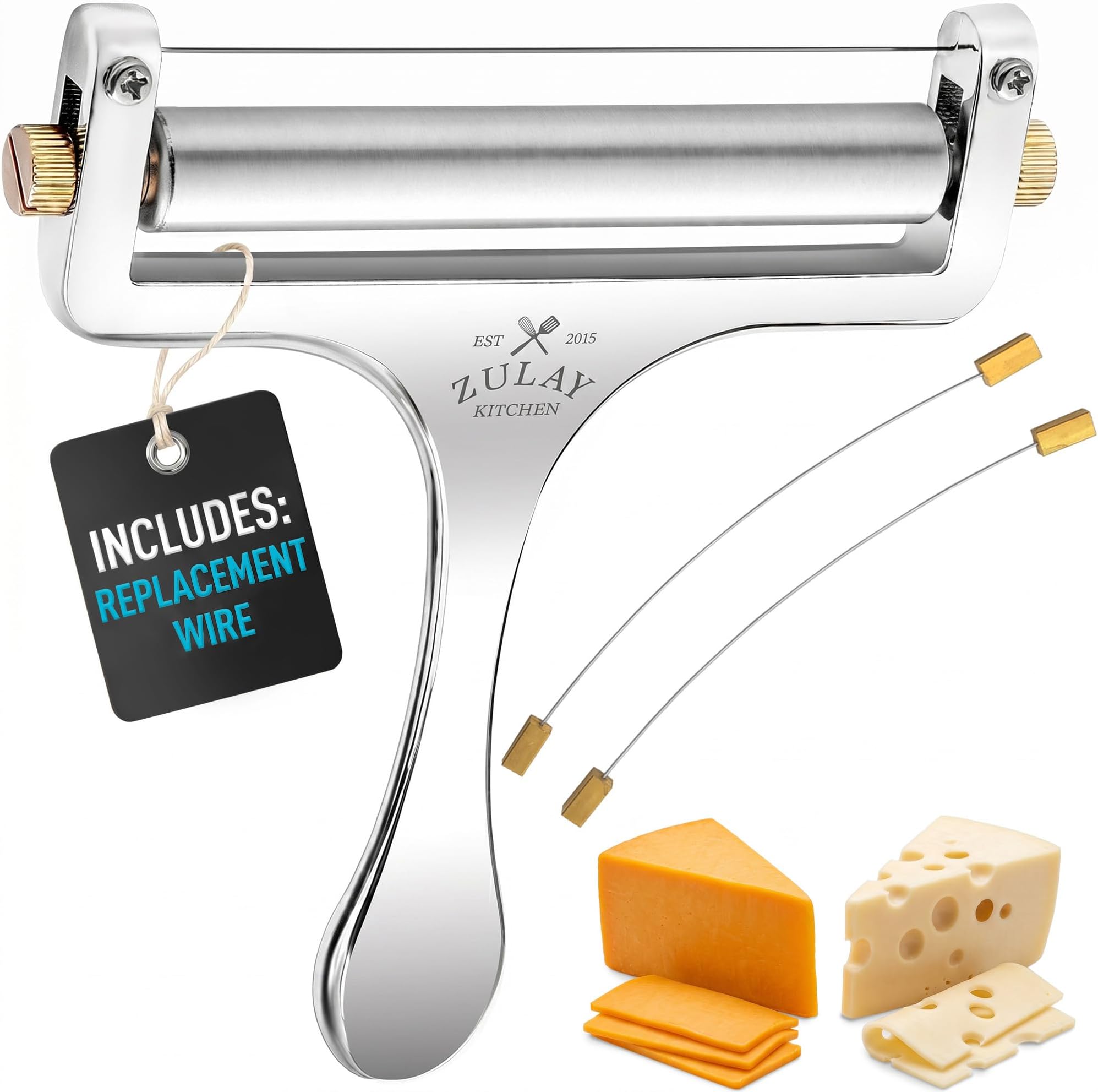 Zulay Kitchen Stainless Steel Wire Cheese Slicer - Adjustable Hand Held Cheese Cutter with 2 Extra Wires - Premium Cheese Knife for Mozzarella, Cheddar, Gruyere - Cheese Cutter with Wire (Silver)