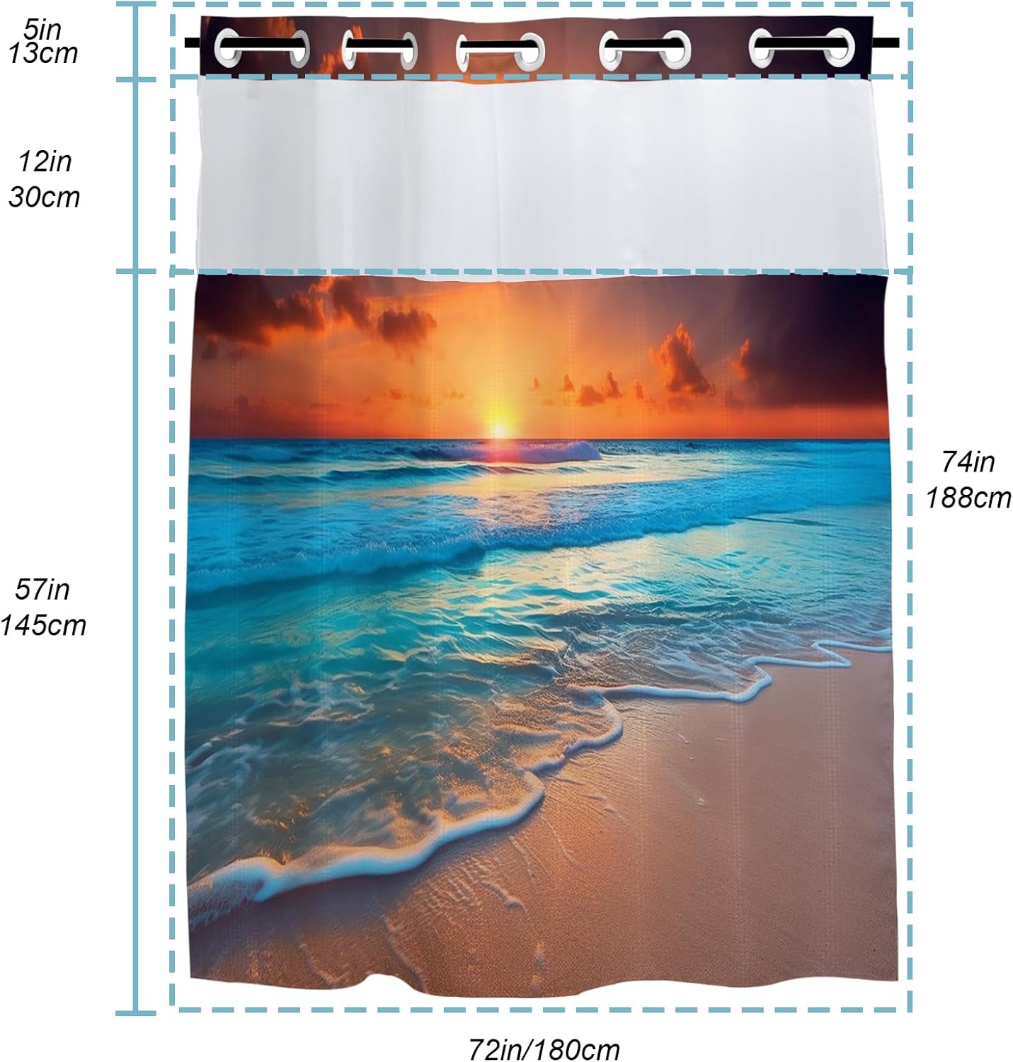 Aesthetic Beach Shower Curtain for Bathroom, Waterproof Waffle Ocean Sunset Shower Curtain with Snap in Fabric Liner Set, Heavy Duty Bath Curtains Hotel Spa Luxury Polyester 72Wx74H No Hook
