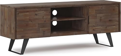 SIMPLIHOME Lowry - Soporte de madera maciza de acacia de 63 pulgadas de ancho, moderno soporte industrial para TV en color marrón envejecido natural