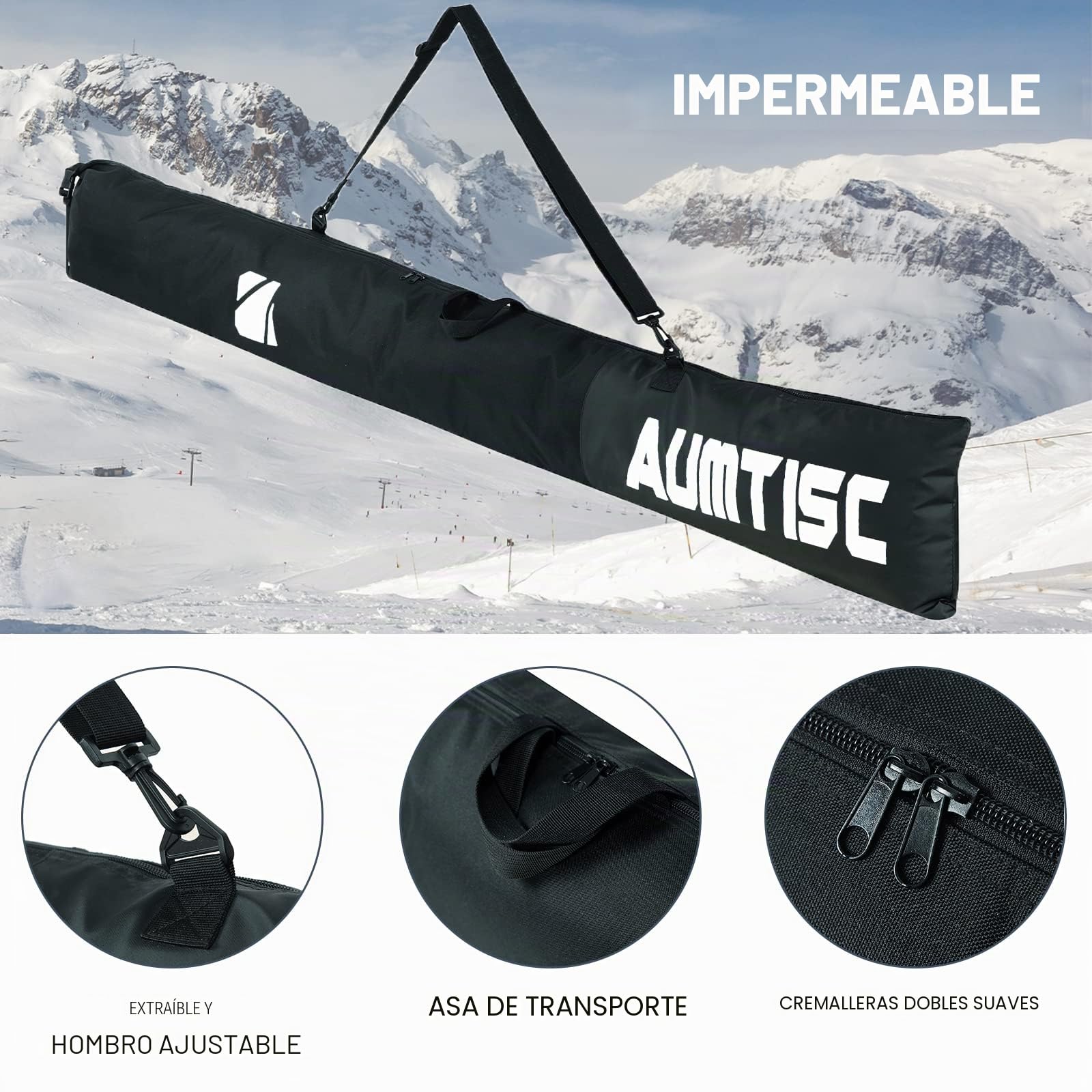 AUMTISC Bolsa De Esquí Y Bolsa De Barco Combinadas Y Acolchadas para 1 Par De Botas De Esquí Bolsa De Esquí con Longitud Ajustable hasta 200 Cm…