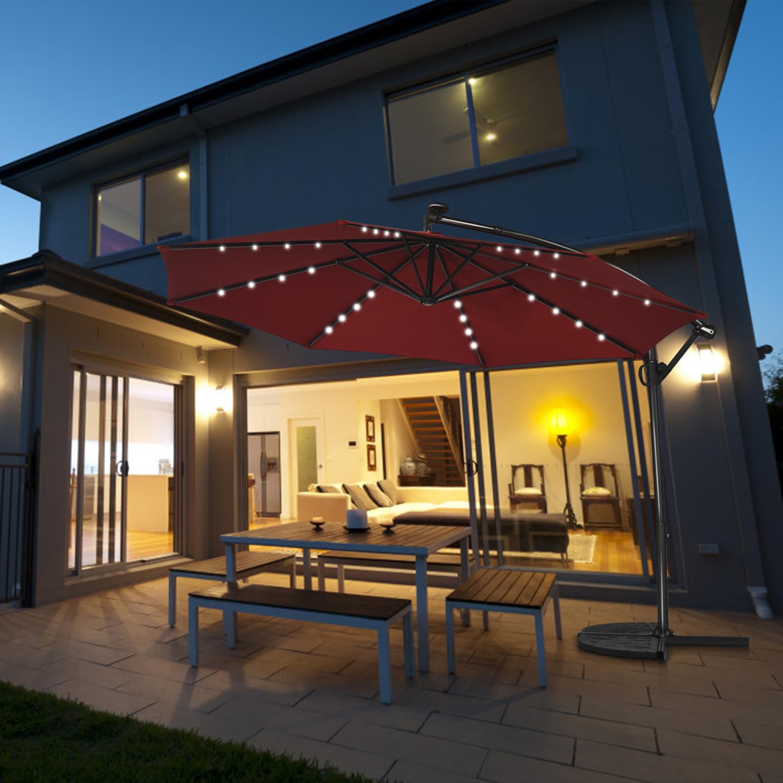 KOMFOTTEU Parasol przeciwsłoneczny LED, parasol ogrodowy z korbą ręczną, parasol tarasowy ze stojakiem, obracany o 360°, składany, pochylony, 300 cm x 230 cm, do ogrodu, na taras, basen, czerwony