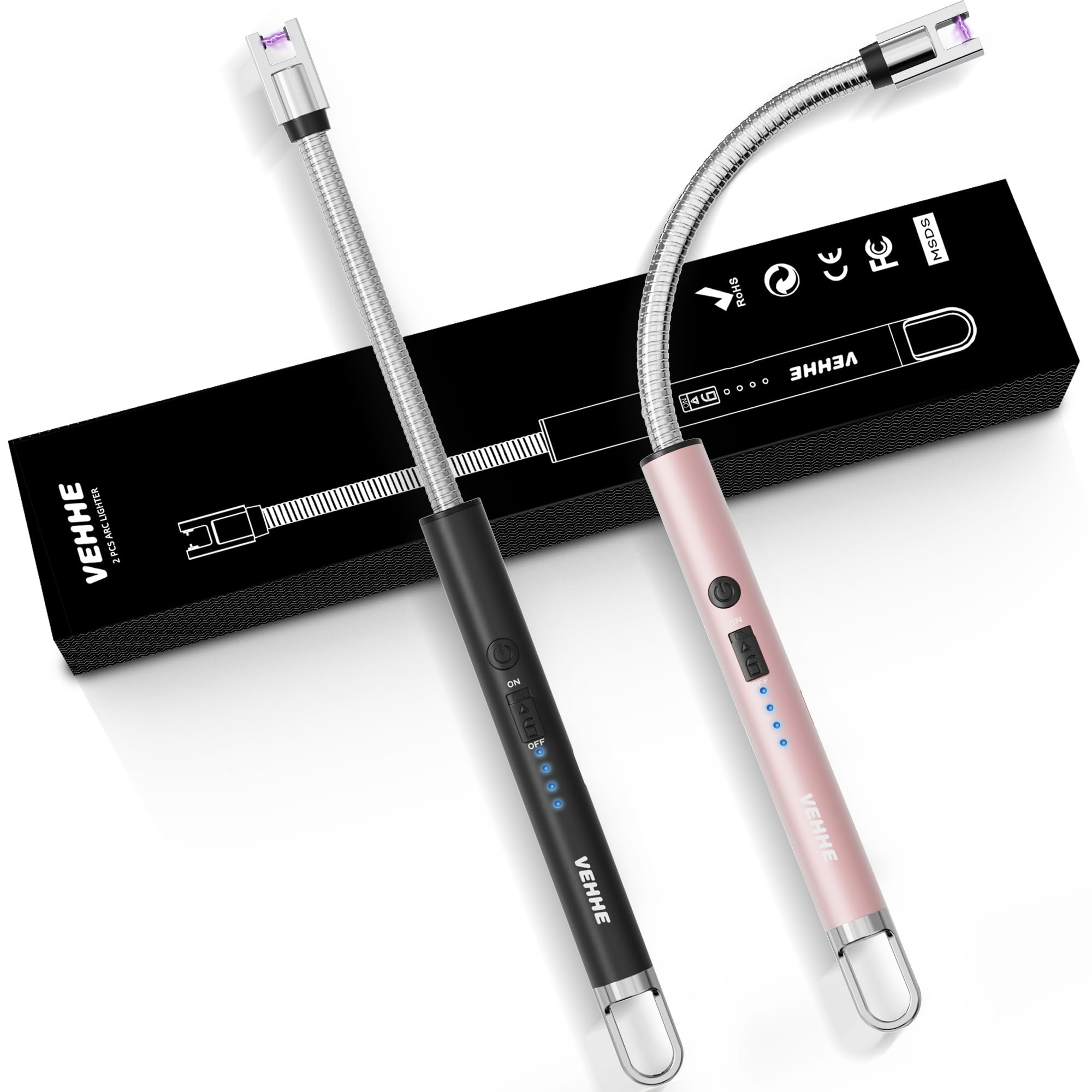 Candle Lighter, 2 Pack Rechargeable Electric Lighters with LED Battery Display Safety Switch, Flexible Neck USB Lighter for Candles Camping Grill Gas Stoves Cooking (Black and Pink)