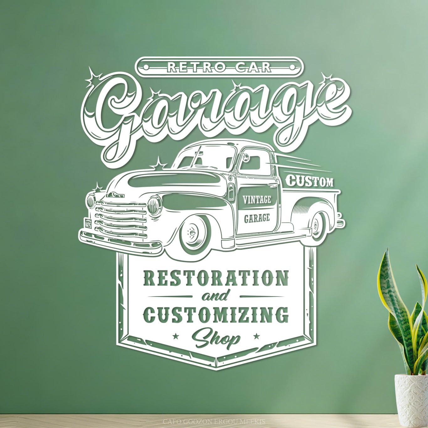 Mural and Wall Vinyl Decal Garage Parking Room Vintage Garage Restoration 34x39cm Glass Stickers White
