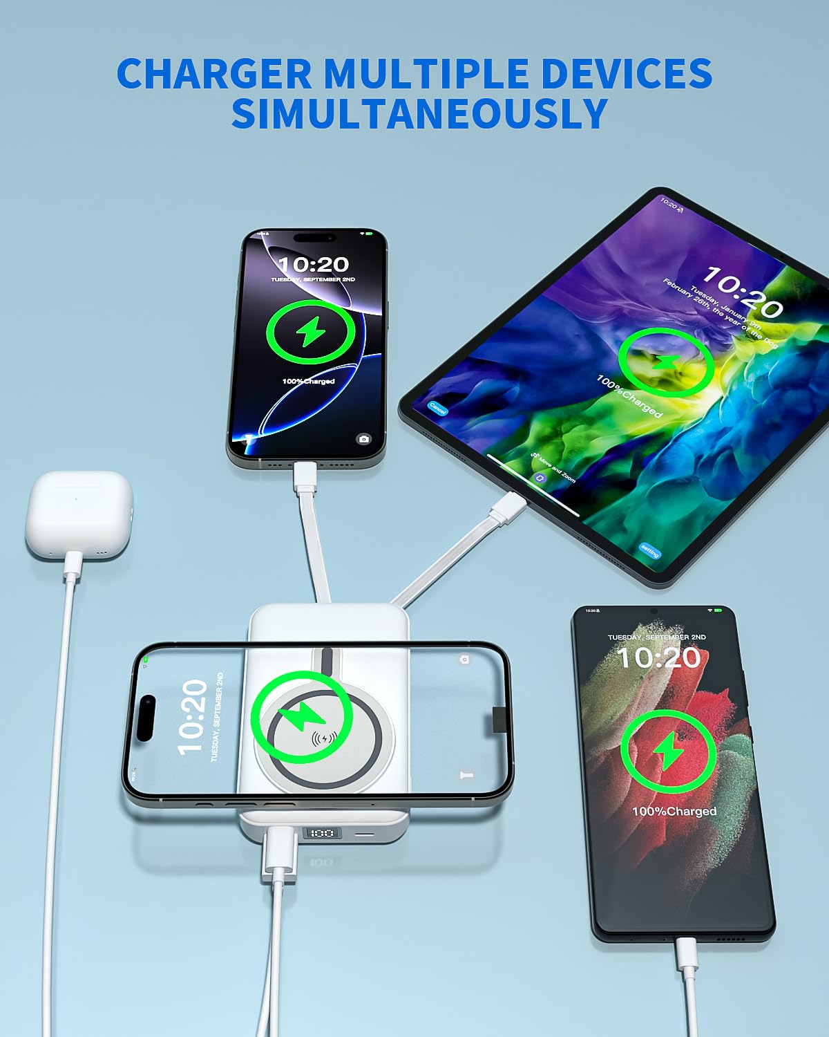 Magnetic Portable Charger, 10000mAh Multi-port Wireless Power Bank, 22.5W Mag Safe Battery Pack, Stand Portable Charger Built in Cables Compatible with iPhone 17/17 Air/17Pro/16/15/14/13,Samsung White - Image 3