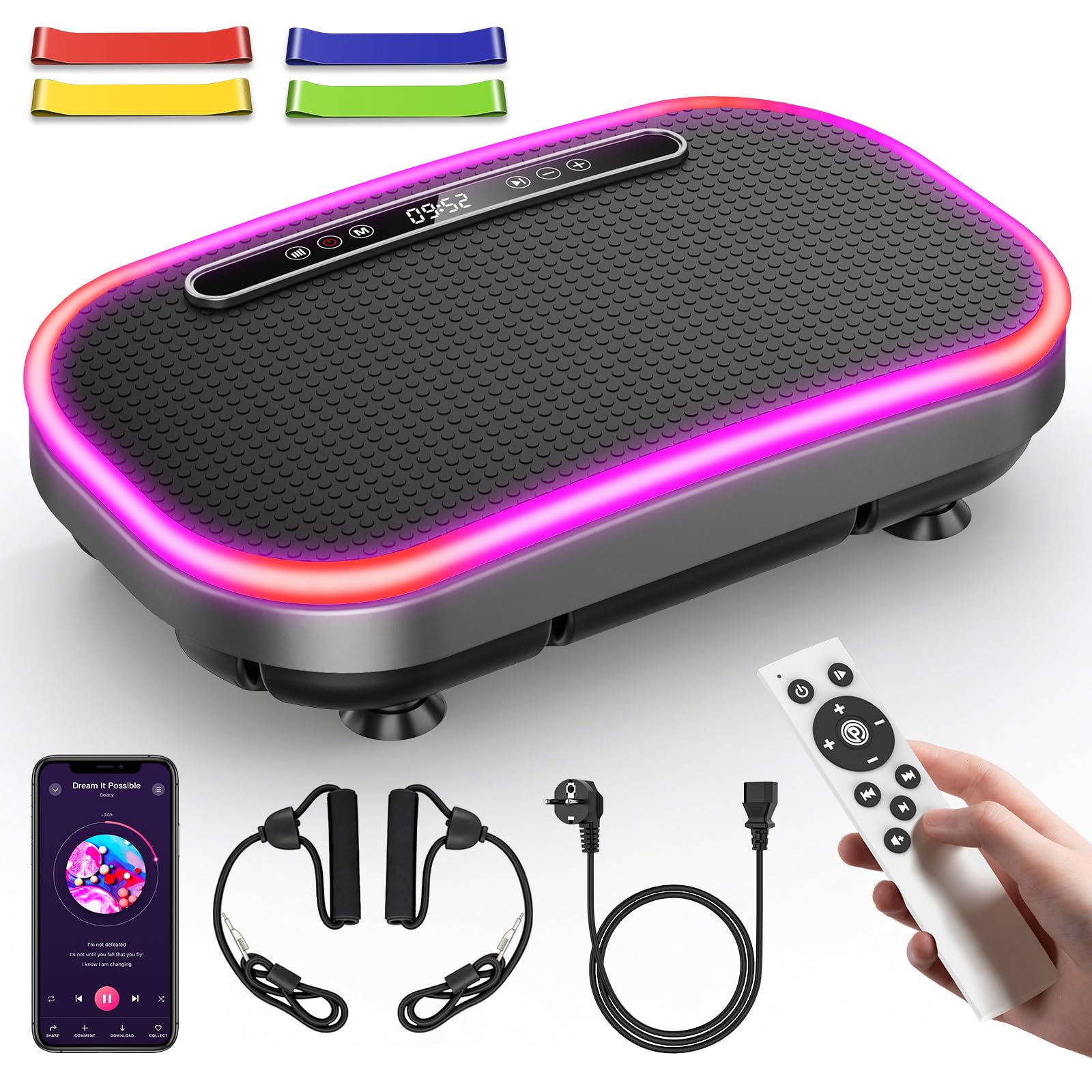 Plateforme Vibrante, Plateforme Vibrante Perte de Poids, 9 Modes Réglables, 1-120 Niveaux D’Intensité, Haut-Parleur Bluetooth Intégré, Télécommande, Écran LED, Capacité de Charge 150 kg