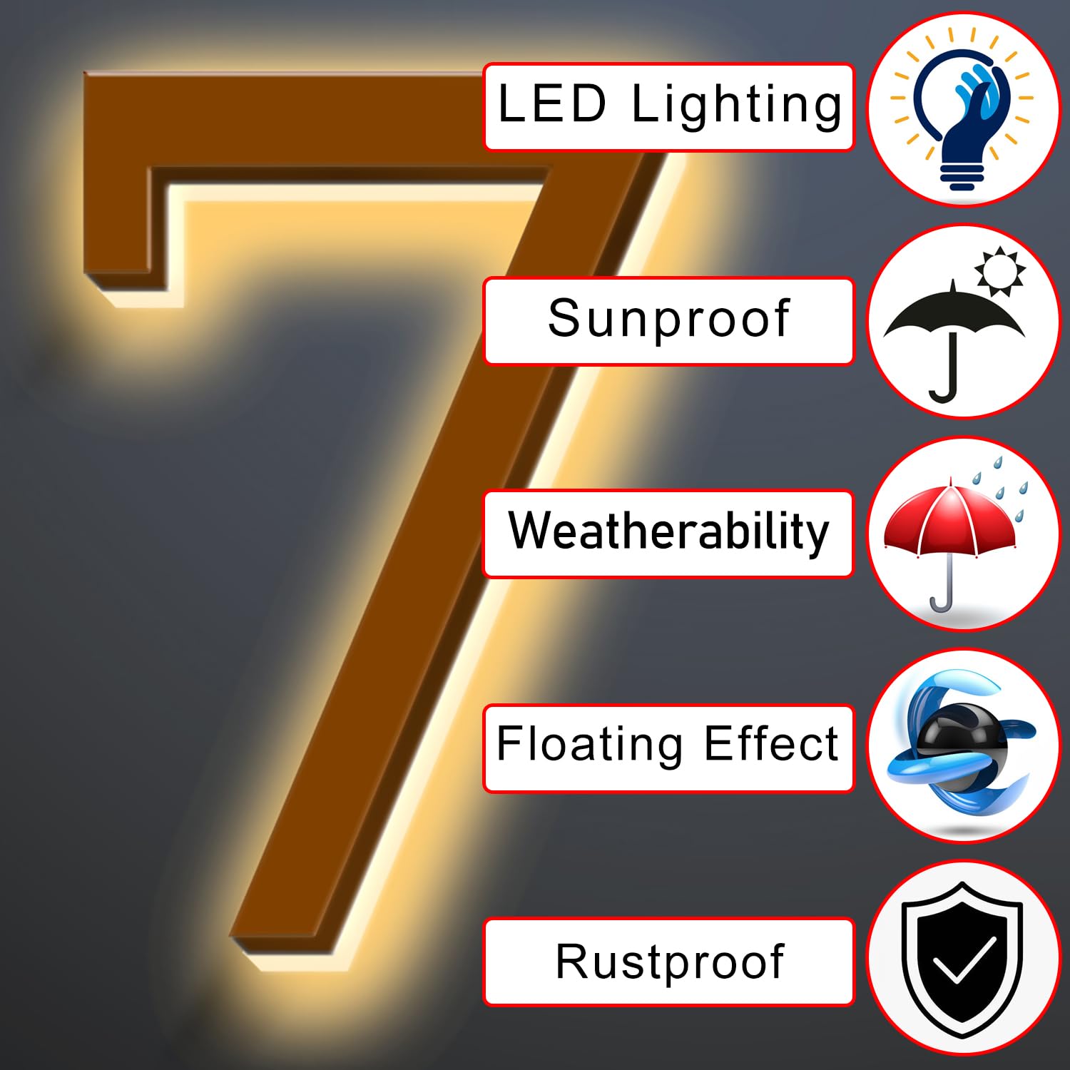 Numeri Civici Retroilluminati A LED 10", Targhe Luminose Per Indirizzi Moderni Per Esterni Ed Interni, Resistenti Alle Intemperie E Alla Corrosione, Finitura Marrone, Luce Calda