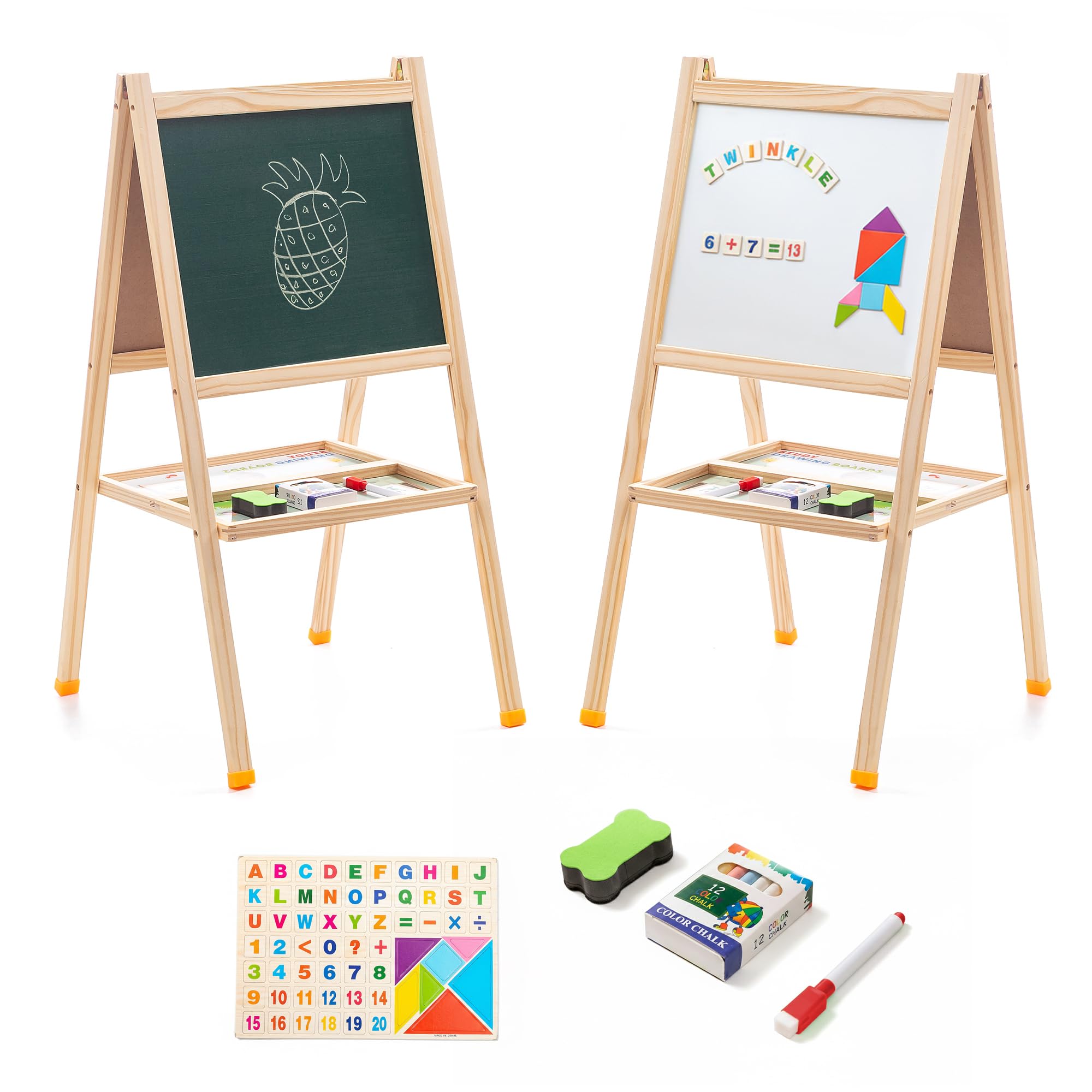 FB FunkyBuys 80cm Kids Easel Double Sided with Magnetic Whiteboard & Chalk Board for Kids, 54pc Magnetic Letters and Numbers for Children, Coloured Chalk, Dry Erase Marker & Whiteboard Eraser Sponge