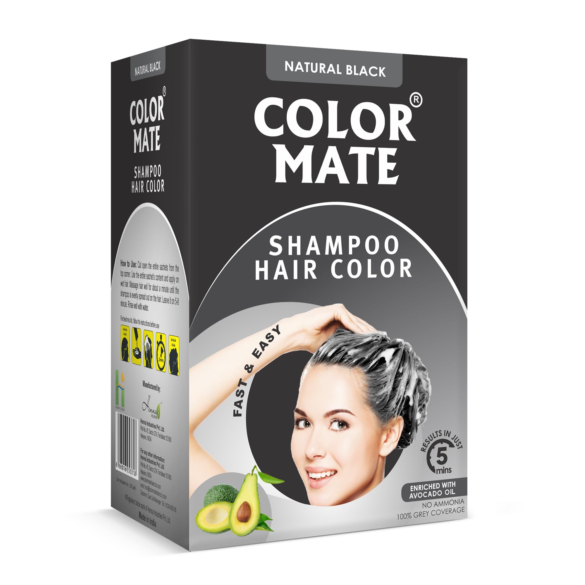 Color Mate Shampoo Hair Color with Avocado Oil | 100% Grey Coverage, Ammonia-Free, Long-Lasting Conditioning Hair Dye for Men & Women | Natural Black, 10 Pouches (15ml Each), Pack of 1-picture-42