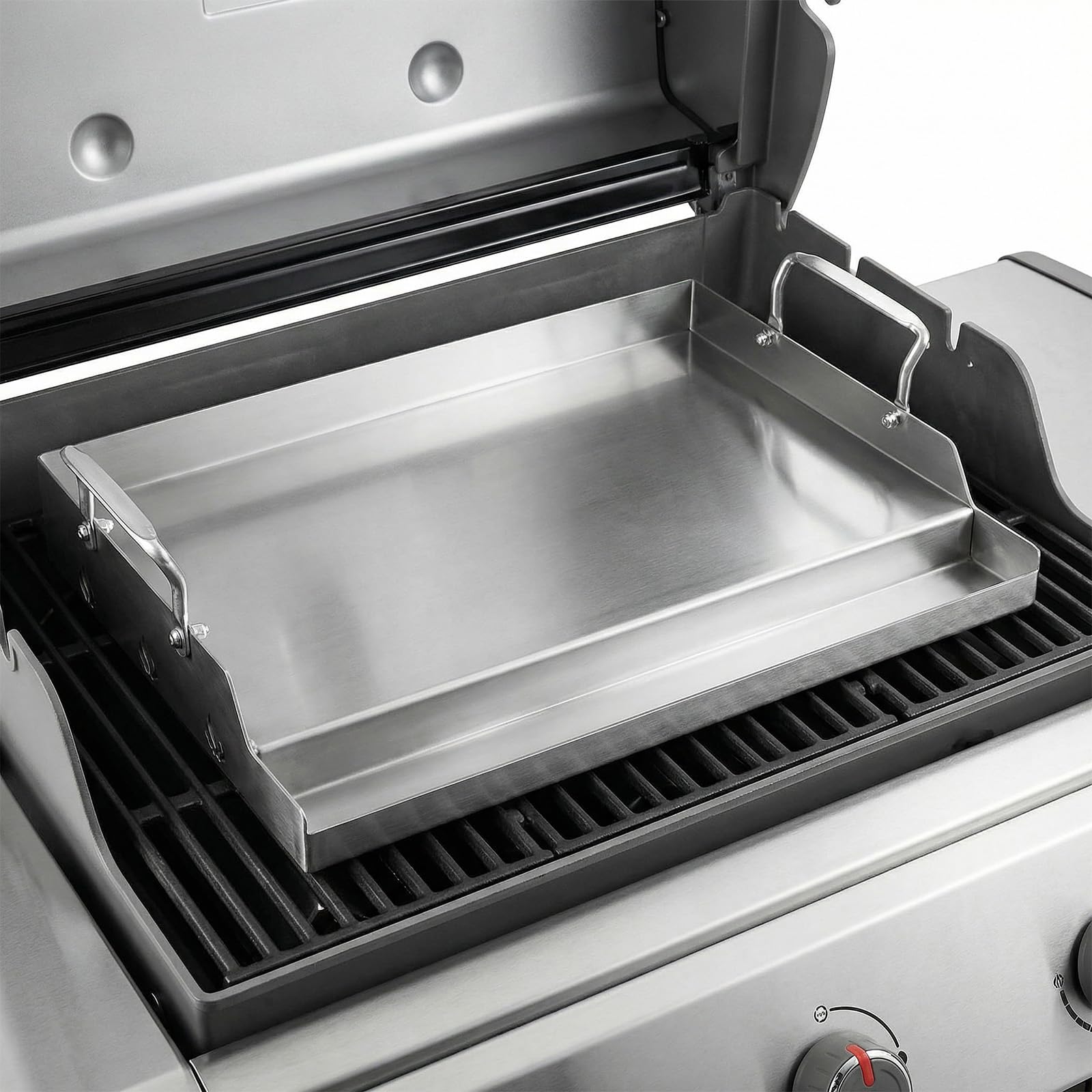 Griglia universale in acciaio inox per barbecue a gas Weber e carbone, piastre per barbecue a gas per hamburger, barbecue a gas e altro ancora, rettangolare, 46 x 32 cm, con manico rimovibile