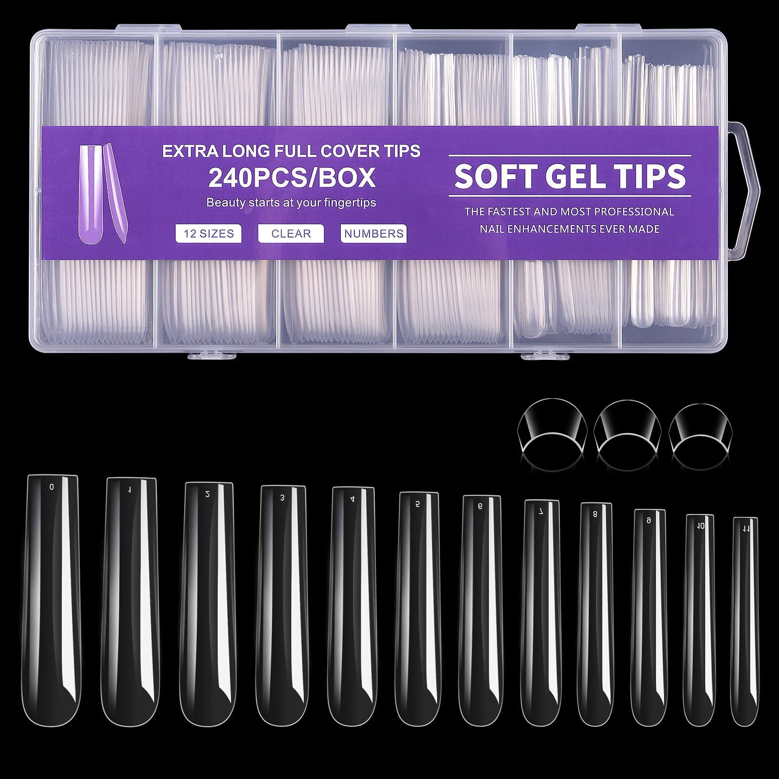 240 Pieces Square Nail Tips, Long Square Soft Gel Nail Tips, 12 Sizes Full Coverage Artificial Acrylic for Beginners and Professionals