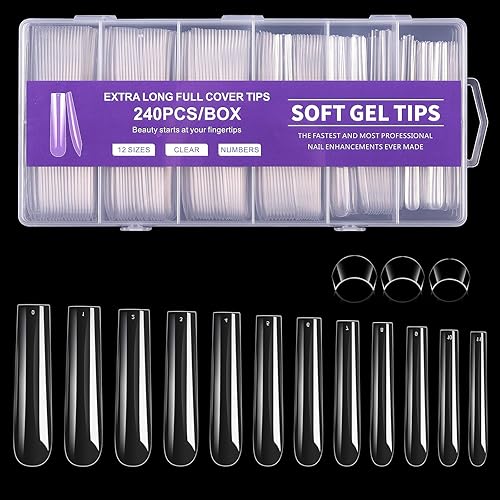 Miniatura 9 de Cycullinyt Juego de puntas de uñas postizas cuadradas largas de 12 tamaños, 240 piezas de media cubierta acrílica, transparente, kit de puntas de