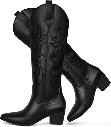 Botas vaqueras bordadas para mujer, botas vaqueras de moda con punta occidental de tacón grueso, botas vaqueras altas hasta la rodilla