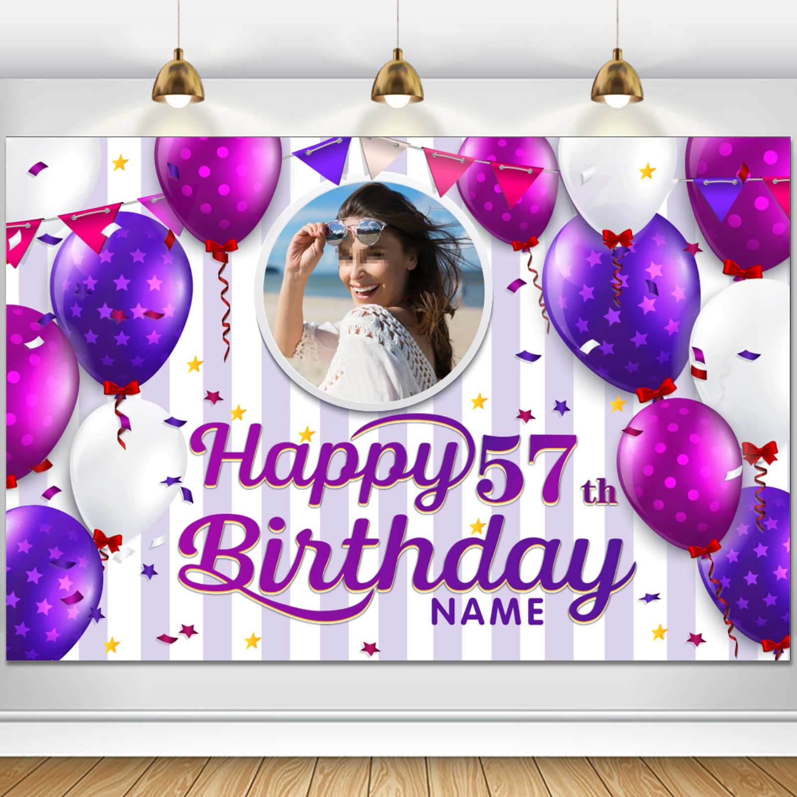 PAKBOOM Happy 57th Birthday Backdrop Banner – Pink Purple Gold Theme, 4x6 Ft Fabric Banner - View #7