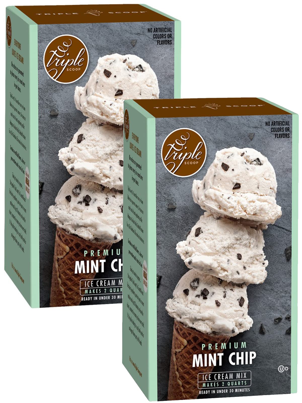 Triple Scoop - Premium Mint Choc Chip (2) Ice Cream Mix For Ice Cream Maker. Simple, Easy, Delicious. From Gourmet Mix To Maker in 5 Minutes, Makes 2 Creamy Qrts, Made in USA (2 Pack, Mint Choc Chip)