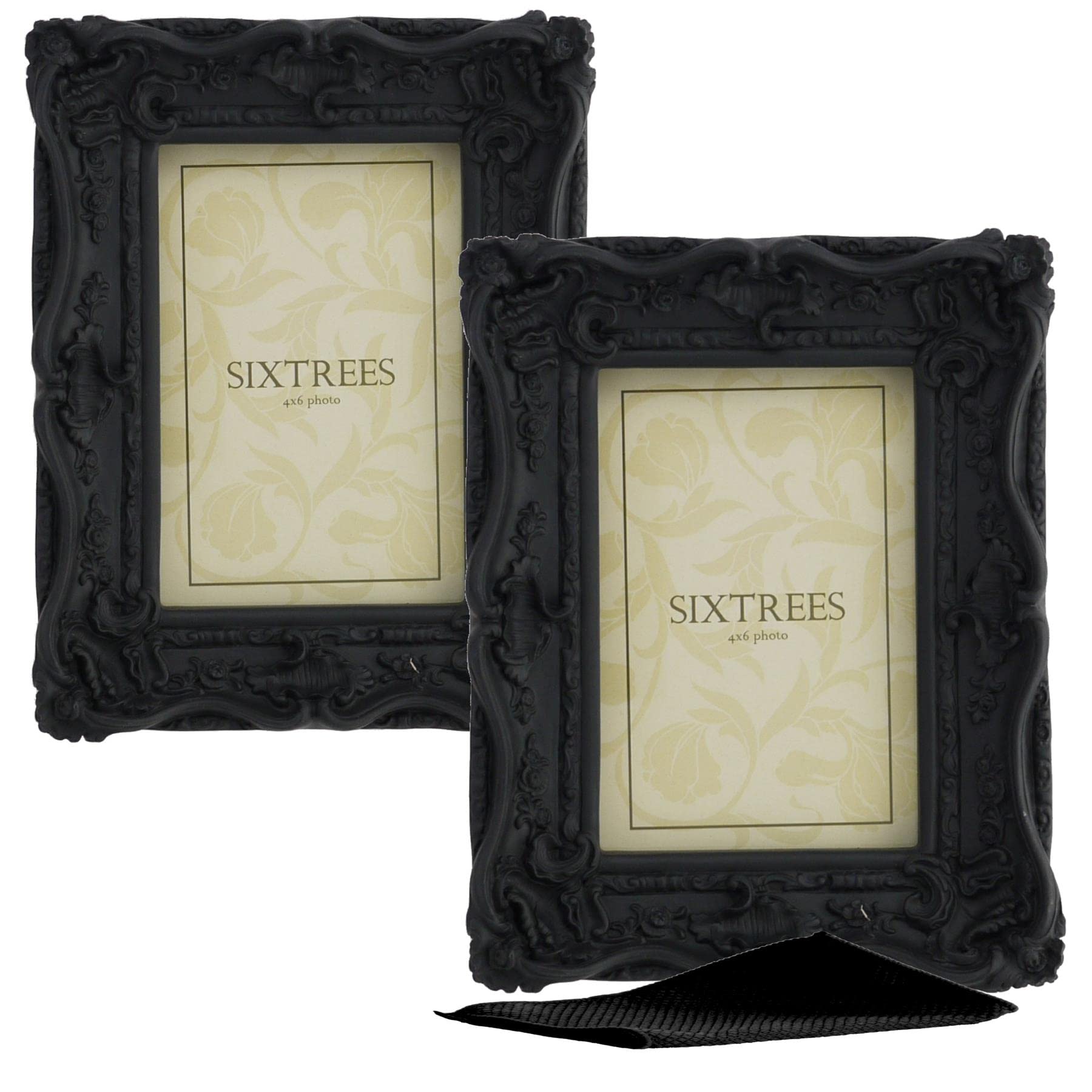 A Twinpack of Sixtrees Chelsea 5-253-46 Ornate Vintage Swept Shabby Chic Black 6x4 inch Photo frames - with Microfibre glass cleaning cloth.