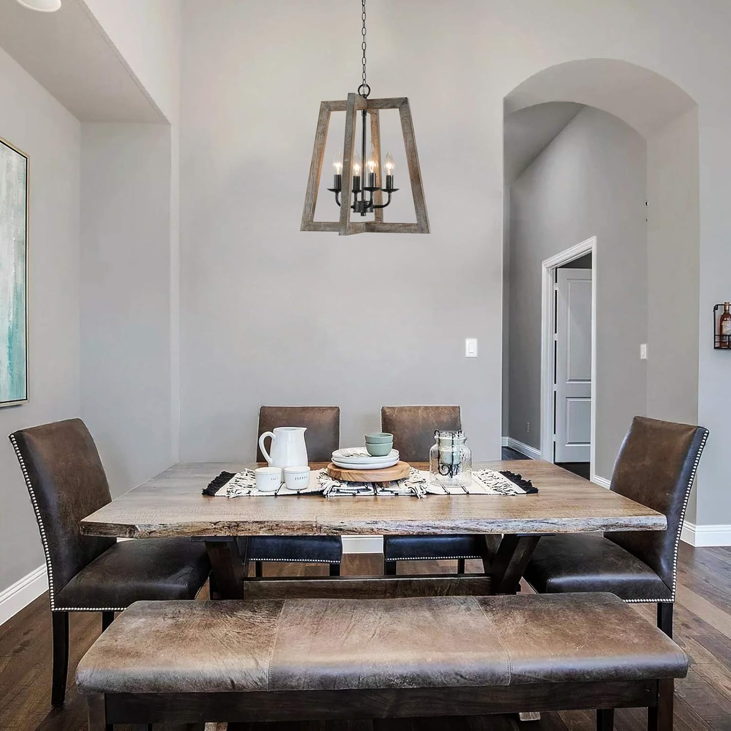 French Country Chandelier Dining Room Light Fixture Farmhouse Pendant Lighting Rustic Metal 4-Light Arm, Antique Wood Frame - - 