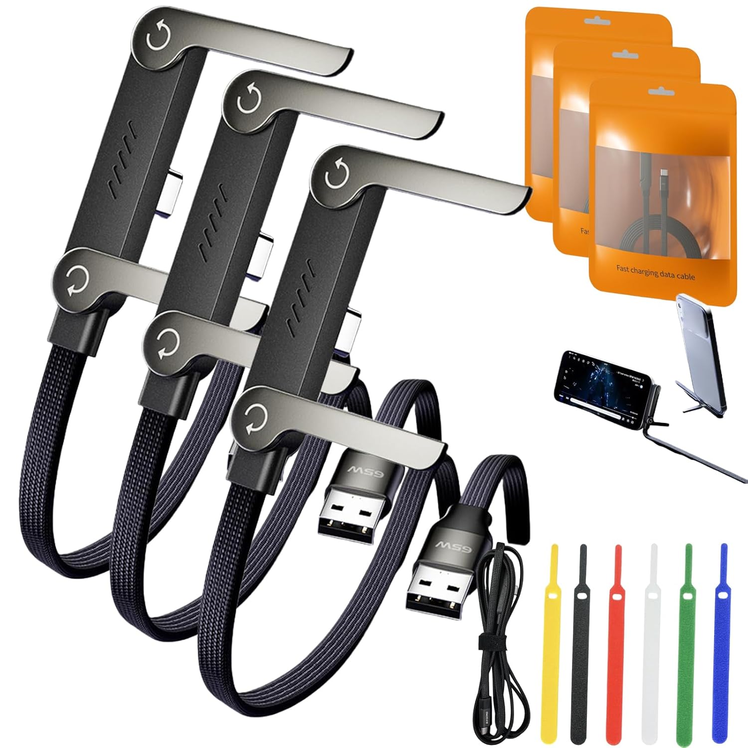 Sideways Phone Charger, Invisible Stand Charging Cable, 2 in 1 240w Fast Charging Cable with Built-in Holde, 1.5m/4.9ft Length, 360° Rotation, for Smartphones, Tablets, Laptops (3 Pcs A to C)