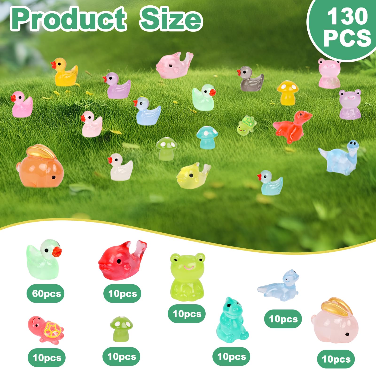 Auliuse 130Pcs Mini Resin Animals Luminous Mini Resin Animals Set Turtle Rabbit Duck Dinosaur for Garden Home Dollhouse Aquarium Landscape Décor (130pcs) - Image 2
