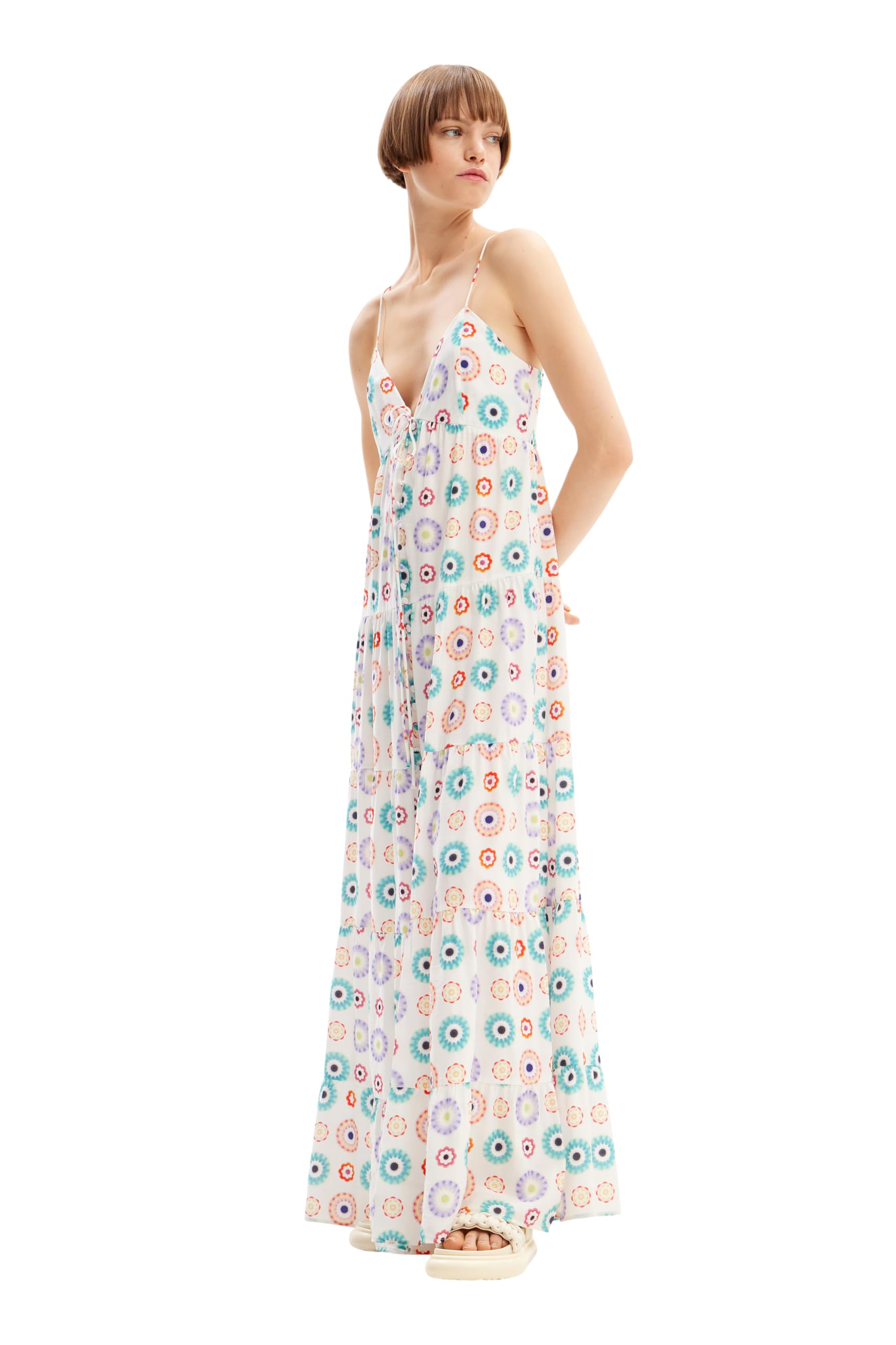 Desigual Damen Weiß Langes Trägerkleid Geometrisches Muster, L